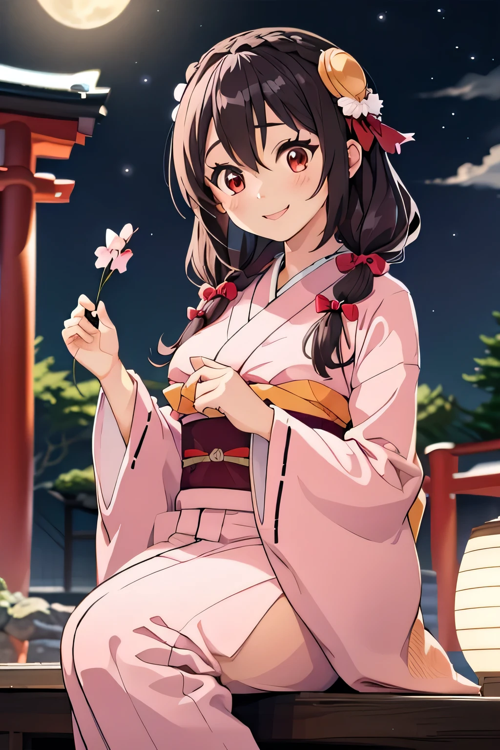 (masterpiece, highest quality), One girl, Yunyun,Long Hair,Braiding,Twin tails,Hair between the eyes,Hair Ribbon,hair ornaments,Big Breasts,(Japan pink kimono:1.2),Red Eyes、The best smile、cherry blossoms、Slit in kimono、Moonlit Night