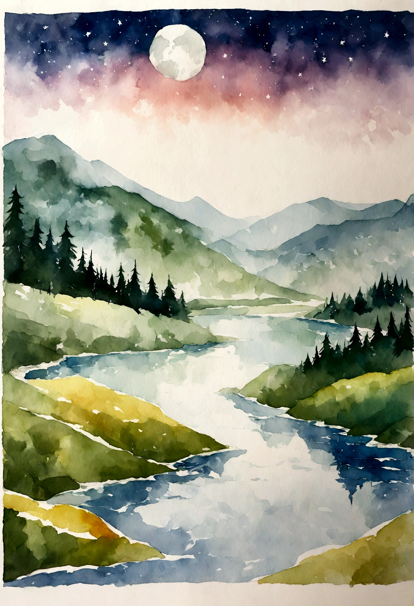 Mountains, River, White moon, stars, Watercolor