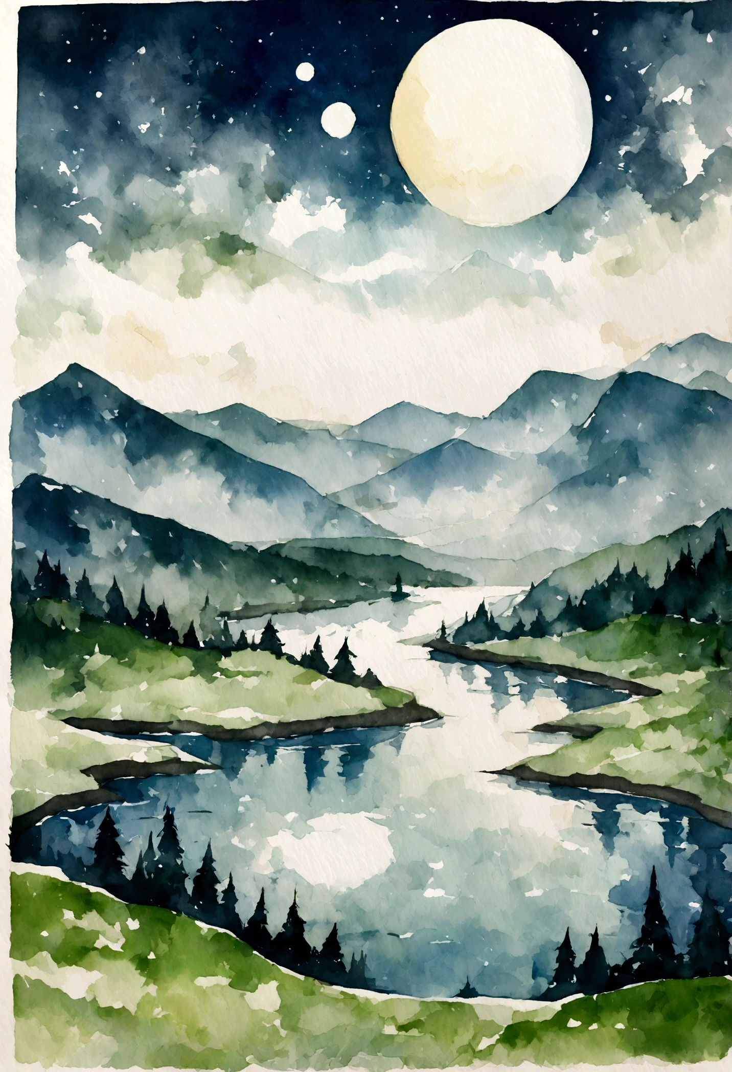 Mountains, River, White moon, stars, Watercolor