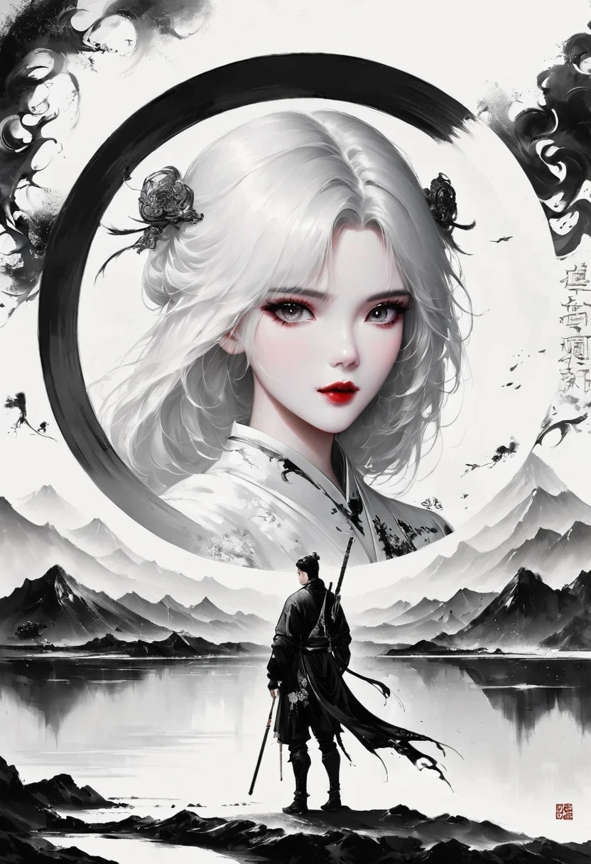 (Lots of white space:1.5),(Lots of white space around:1.6), White background, simple, Minimalism, abstract,Freehand,Aesthetic,black and white,Ink Painting,antiquity,a mountain,A person far away,An abstract art illustration, author:Li Song, Arte no estilo de guweiz, arte shin jinyoung, Obra-prima de guweiz, Ross chart 1. 0, Beautiful digital illustrations, Inspired by non-WLOP, simpledigital art, jingna zhang, guweiz, Stunning digital illustrations