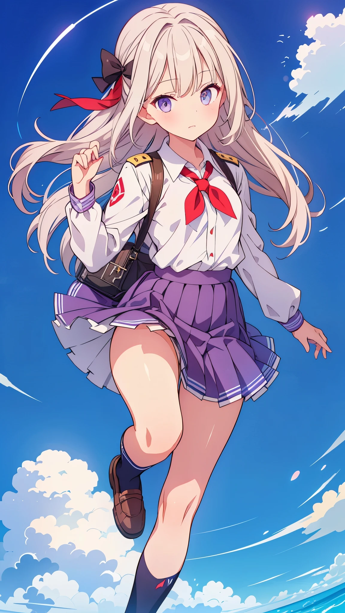 highest quality, 1 girl, Uniform Ilya, Ilya&#39;uniform,Outdoor,(((Wind power increase))),Skirt flip, Side ties_panties, In a windy skirt