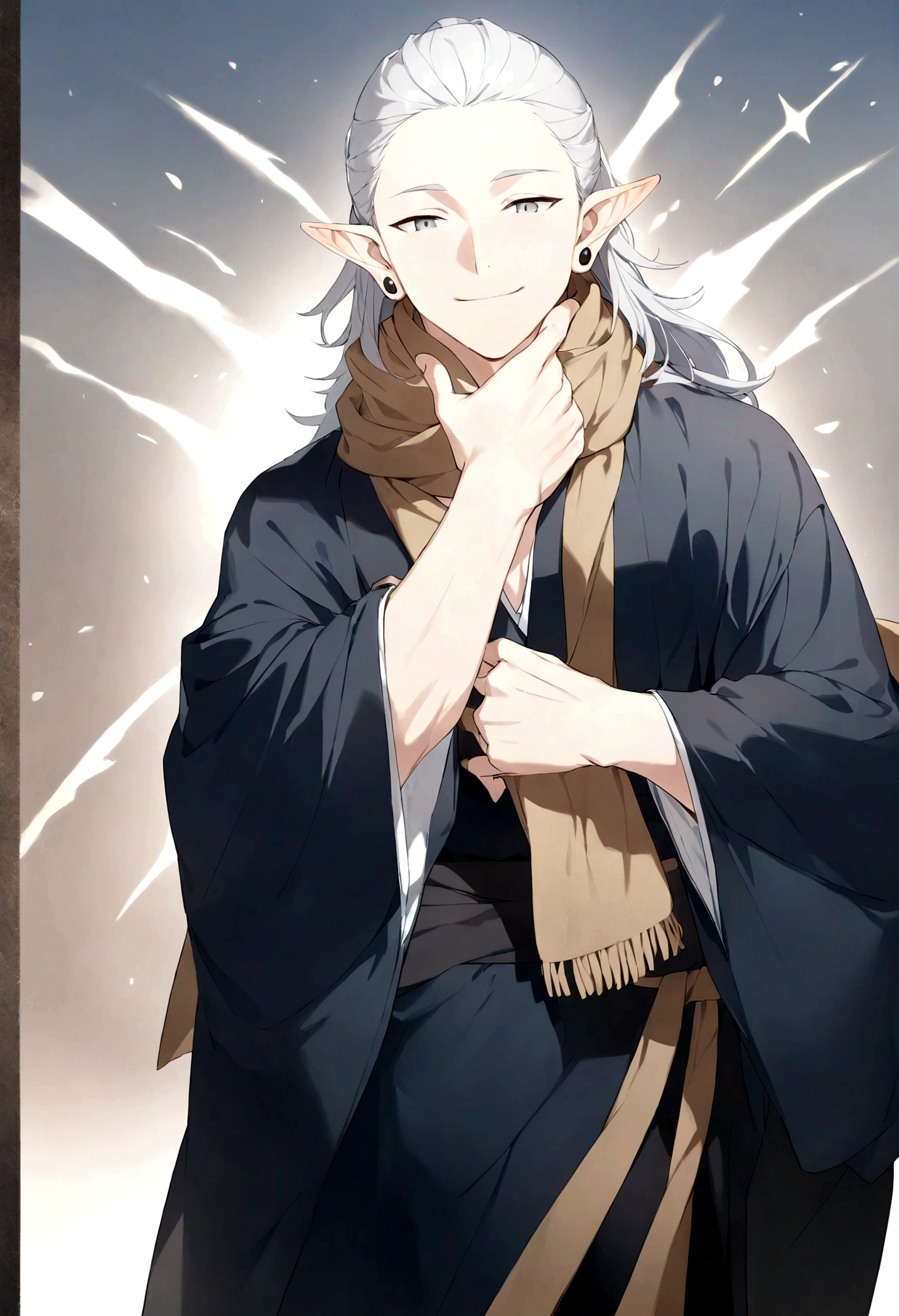 (Artwork, very high quality photo, CGI effect, lighting effect, shading effect), a male elf, bright gray eyes, short platinum hair, (wearing a black kimono with gold details), a brown scarf wrapped around his neck , white yukata over the kimono, (A confident smile on his face, a look of victory)