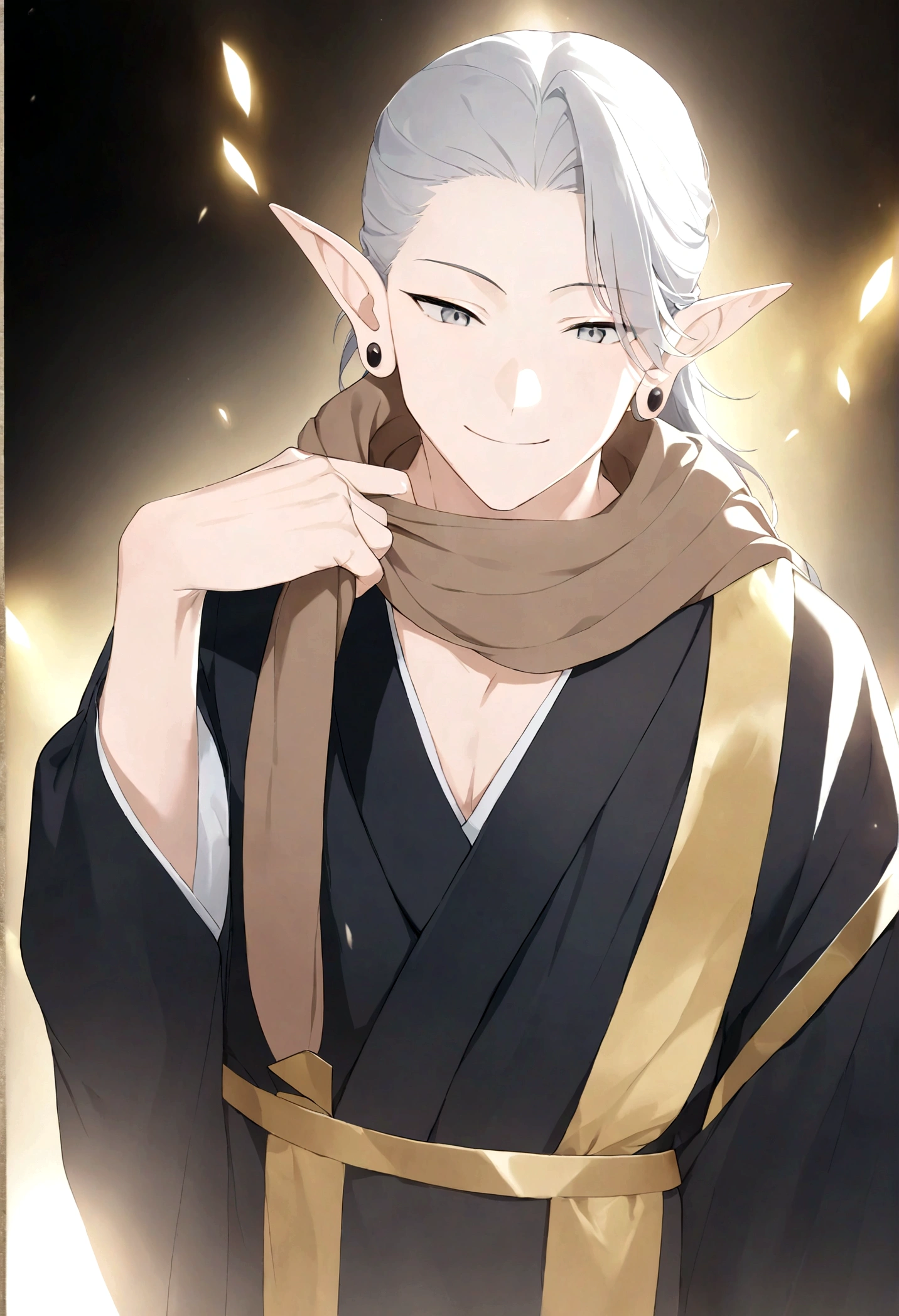 (Artwork, very high quality photo, CGI effect, lighting effect, shading effect), a male elf, bright gray eyes, short platinum hair, (wearing a black kimono with gold details), a brown scarf wrapped around his neck , white yukata over the kimono, (A confident smile on his face, a look of victory)