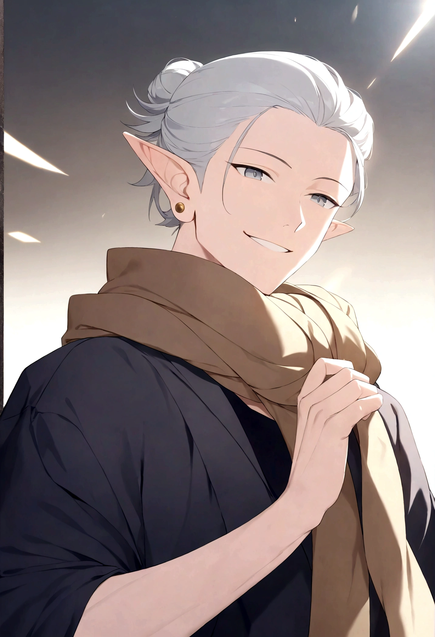 (Artwork, very high quality photo, CGI effect, lighting effect, shading effect), a male elf, bright gray eyes, short platinum hair, (wearing a black kimono with gold details), a brown scarf wrapped around his neck , white yukata over the kimono, (A confident smile on his face, a look of victory)