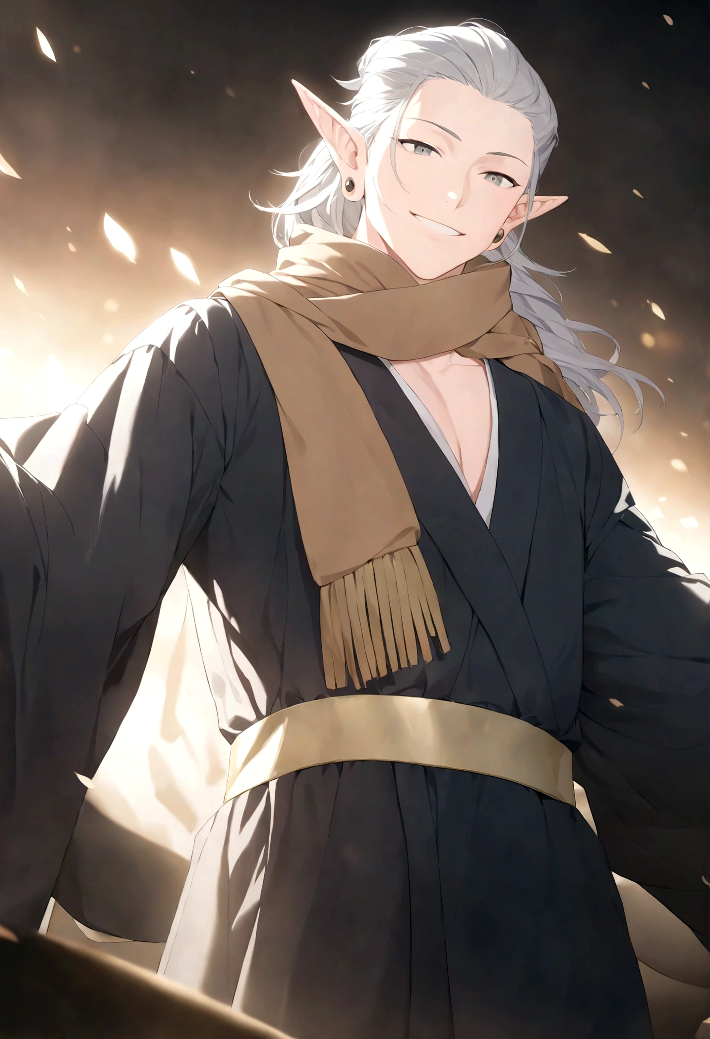 (Artwork, very high quality photo, CGI effect, lighting effect, shading effect), a male elf, bright gray eyes, short platinum hair, (wearing a black kimono with gold details), a brown scarf wrapped around his neck , white yukata over the kimono, (A confident smile on his face, a look of victory)