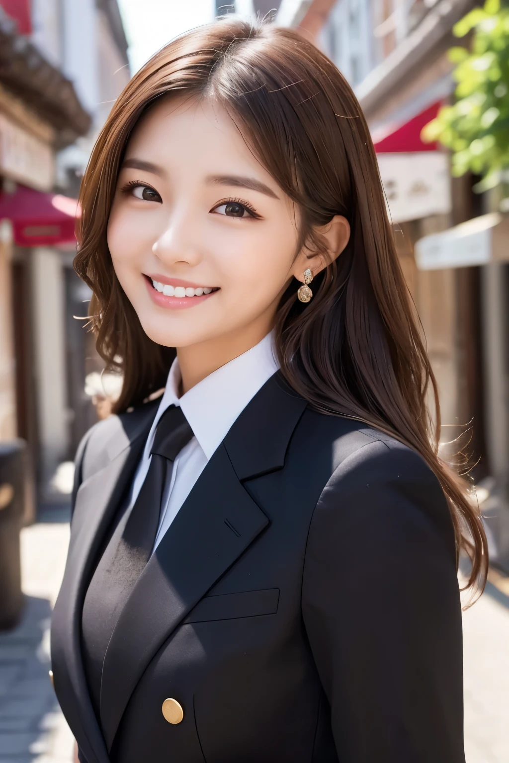 young woman、 Korean women、Brown Hair、Wavy Hair、ear piercing、、Black business suit、smile、Beautiful teeth alignment、Intricate details, Very detailed:1.2), 、 Looking into the camera,The background is the town、