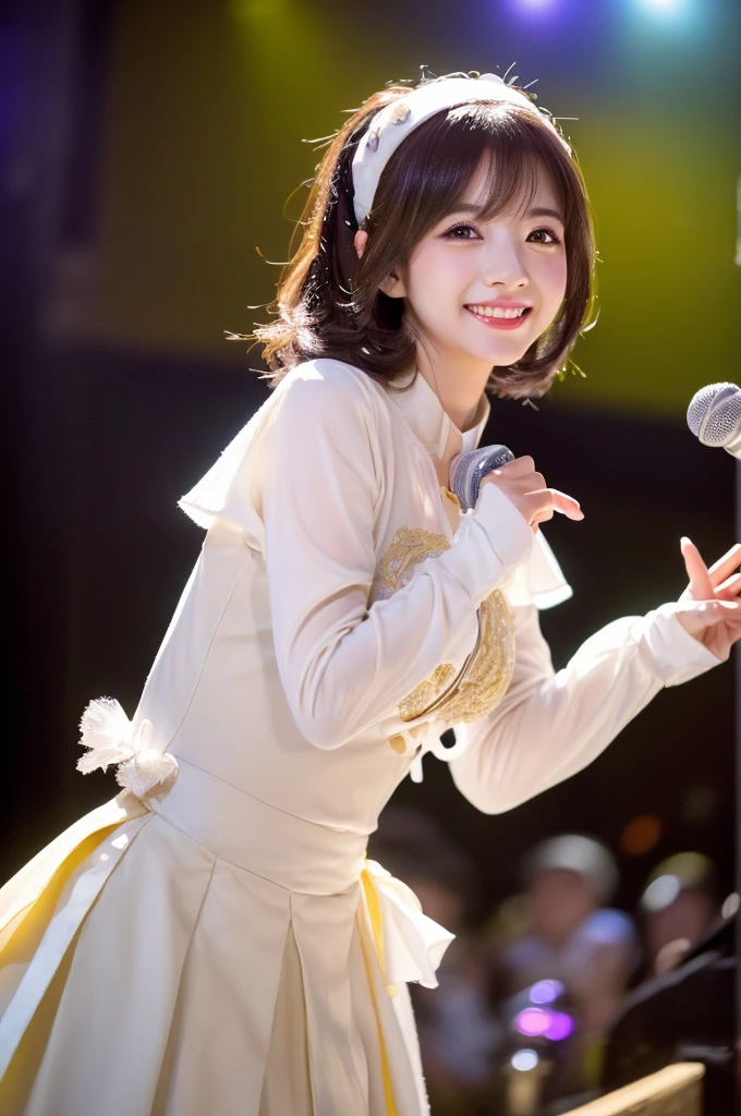 (high resolution、high quality、High resolution、detailed、8k、masterpiece)、ultra A high resolution、(Photorealistic:1.3)、RAW Photos、1 girl、silvery-white short hair、Glowing Skin、((Ultra-Realistic Details))、Portrait、Global Illumination、Shadow、Octane Rendering、8k、Super sharp、Beautiful breasts、Beautiful Eyes、Bright colors、smile、so detailed、Realistic Light、CGSoation Trend、Beautiful Eyes、Shining Eyes、Smile on your face at the camera、detailed of neon、22 age、Mean、Small devil、Obscene、wide shot、full body、Healthy body shape、Cosplay、A little sexy、Moe、Super cute、Beauty、pure、Fall in love、Idol、The sunlight is gentle、A smile that will make any otaku swoon、intellectual、Mature look、Fluttering costumes、Rorish、Perform on stage、concert photography、Cute Core、(((Observe the audience)))、Idol、(Japanese、Beautiful contours、Beautiful Eyes、Cute eyes)、Sing on live stage、Singing scene、((Bright colors、fantasy clothing)), Warm Light、(Anatomically correct)、(Perfect figure)、(Natural Hands、natural finger)、high heels、thigh-high socks、little sexy