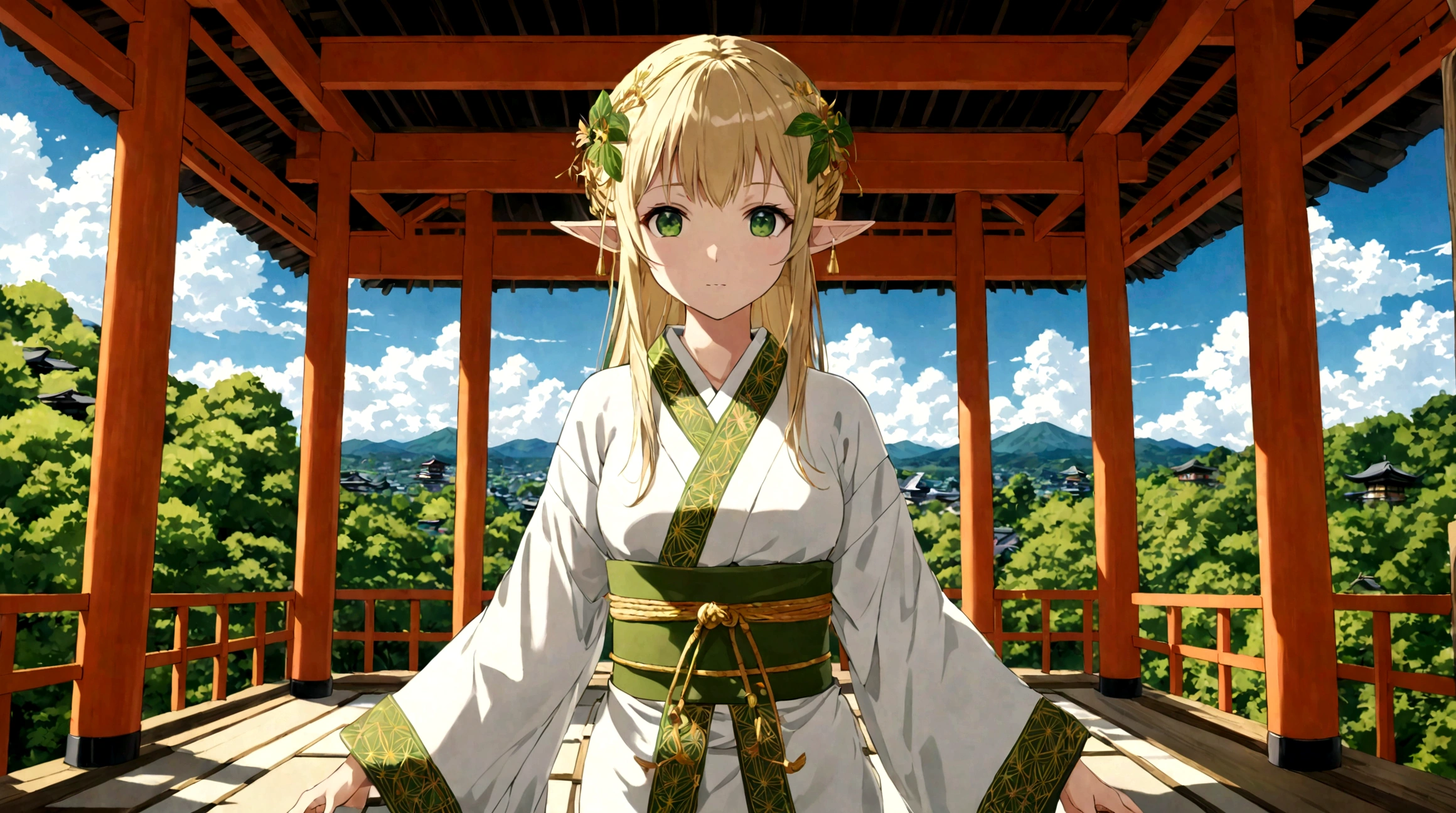 Japanese animation style、Beautiful blonde elf woman、In white clothes、Fantastic pattern of gold thread、Black band、Fresh green eyes、symmetry、Golden Ratio、Beautiful pattern at the hem、Beautiful scenery of Kyoto、high resolution、Amazingly detailed depiction、4k、128k、