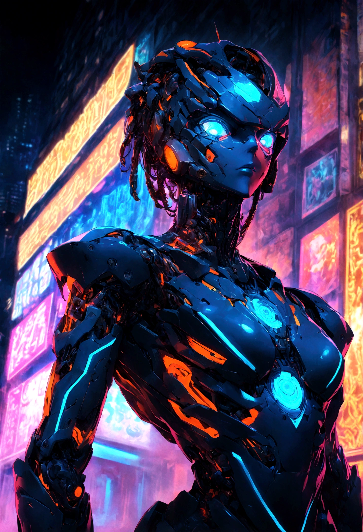 masterpiece, naruto cyborg mode, complete machine body, intricate details, advanced technology, orange lightning, detailed armor, bionic enhancements, neon lights, vivid colors, contrasting shadows, blue eyes, urban setting, night background, High-contrast lighting, thick line, blur effect, surreal, 4K resolution