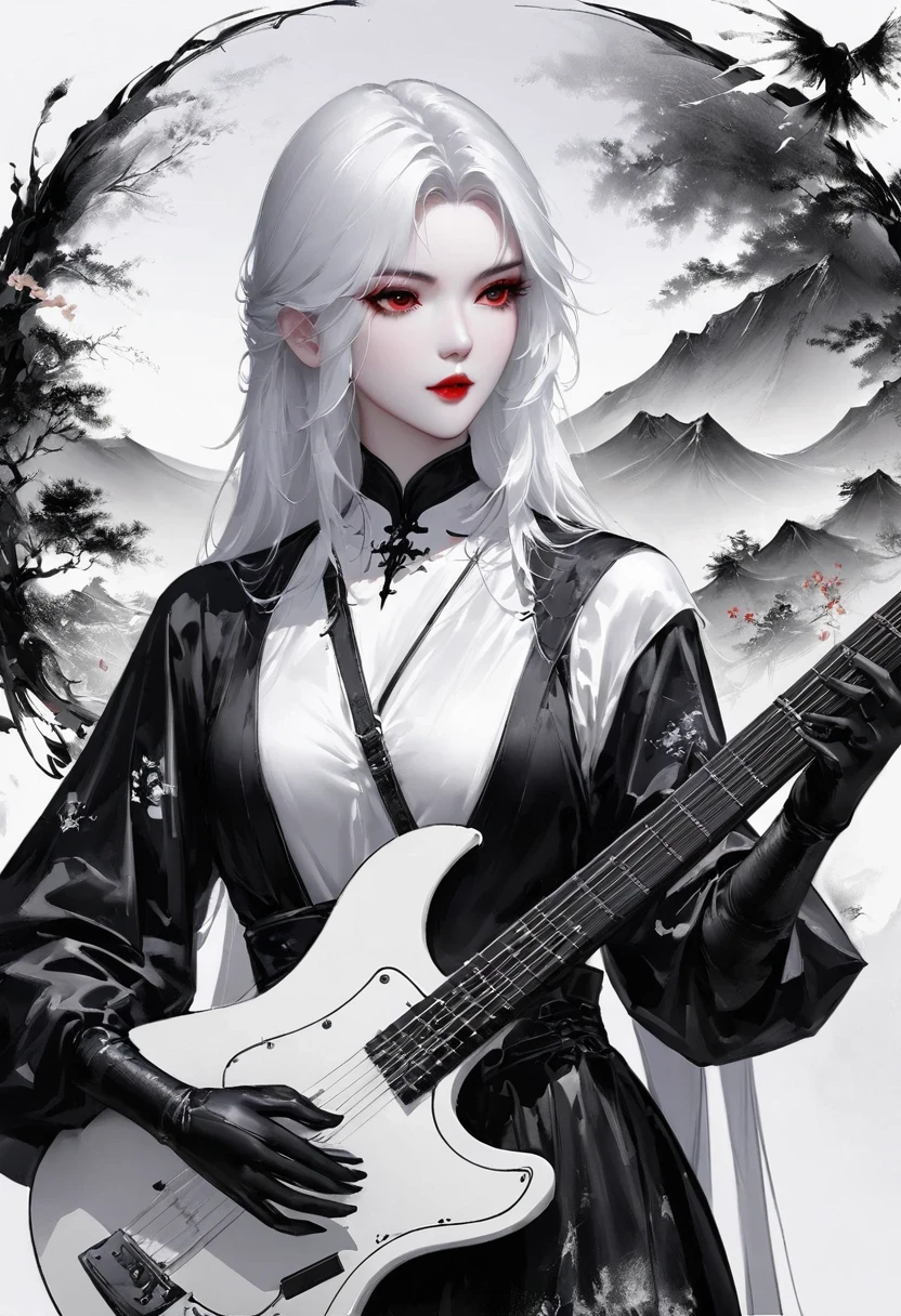 (Lots of white space:1.5)，(Lots of white space around:1.6), White background, simple, Minimalism, abstract,Freehand，Aesthetic，black and white，Ink Painting，antiquity，a mountain，A distant guitarist，An abstract art illustration, author：Li Song, Arte no estilo de guweiz, arte shin jinyoung, Obra-prima de guweiz, Ross chart 1. 0, Beautiful digital illustrations, Inspired by non-WLOP, simpledigital art, jingna zhang, guweiz, Stunning digital illustrations