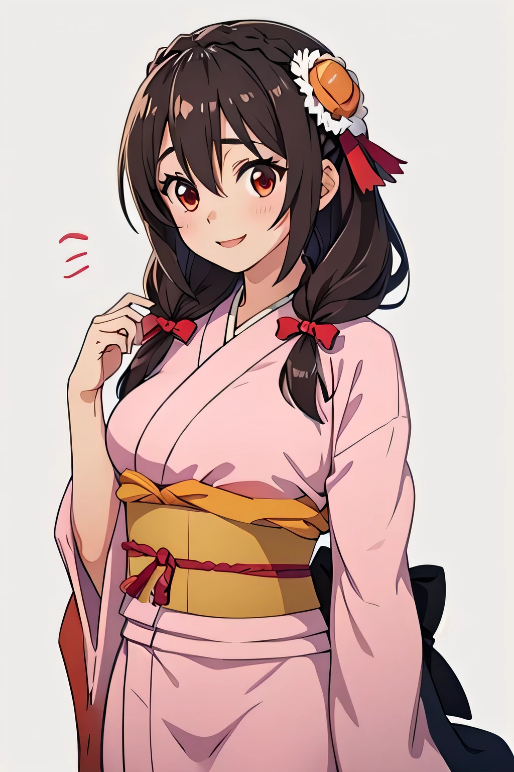 (masterpiece, highest quality), One girl,    Yunyun,Long Hair,Braiding,Twin tails,Hair between the eyes,Hair Ribbon,hair ornaments,Big Breasts,(Japan pink kimono:1.2),Red Eyes、The best smile