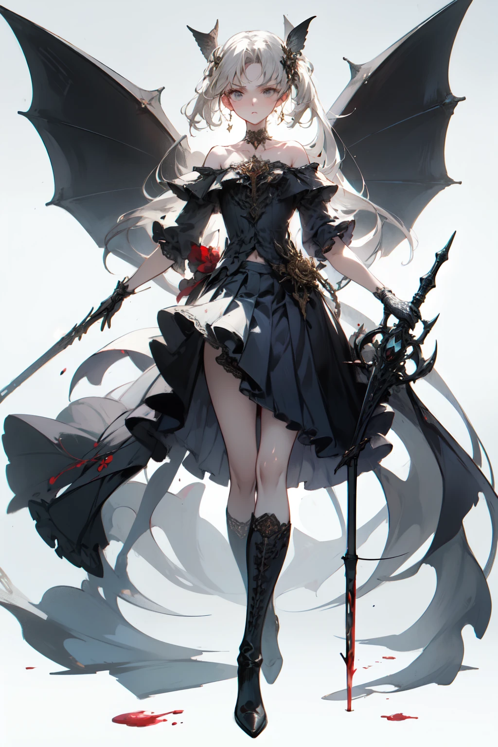  ((best quality)), ((masterpiece)), (detailed), 1girl, off-shoulder, Character design, female, long white grey hair, grey white eyes, small frame, very skinny, detailed, best quality, no accesoires around the neck, no shoes, prominent collarbones, skinny arms, flat stomach, visible hip bones, full body, blank white background, plain background, white background, red and white clothing, Bloodborne inspired, occult aesthetic, occult, detailed and intricate steampunk and detailed gothic, NSFW, Very dramatic and cinematic lighting, cosmic horror, grim-dark, side-lighting, perfect face, NSFW, Fluttering lace flared long knee length dress with frilly petticoats, knee length dress, pleated petticoats, petticoats gothic, complex lace boots, side-lighting, gothic ****ta aesthetic, wielding a mighty sword with mechanical components, various different types of insect wings, NSFW, full body, whole body, body, plain background, white background, blank background, no background, white background NSFW, chains, full body, whole body, head-to-toe NSFW 