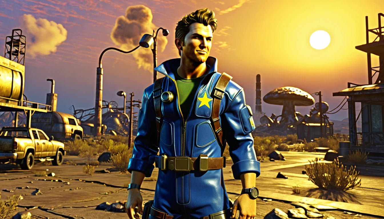 band, expressive eyes, wink, in fallout Vault-Tec jumpsuit with pip-boy 3000 , cool pose, wasteland in sunset and nuclear bomb explosion with mushroom cloudin background, detail richness, masterpiece, best quality, fallout style