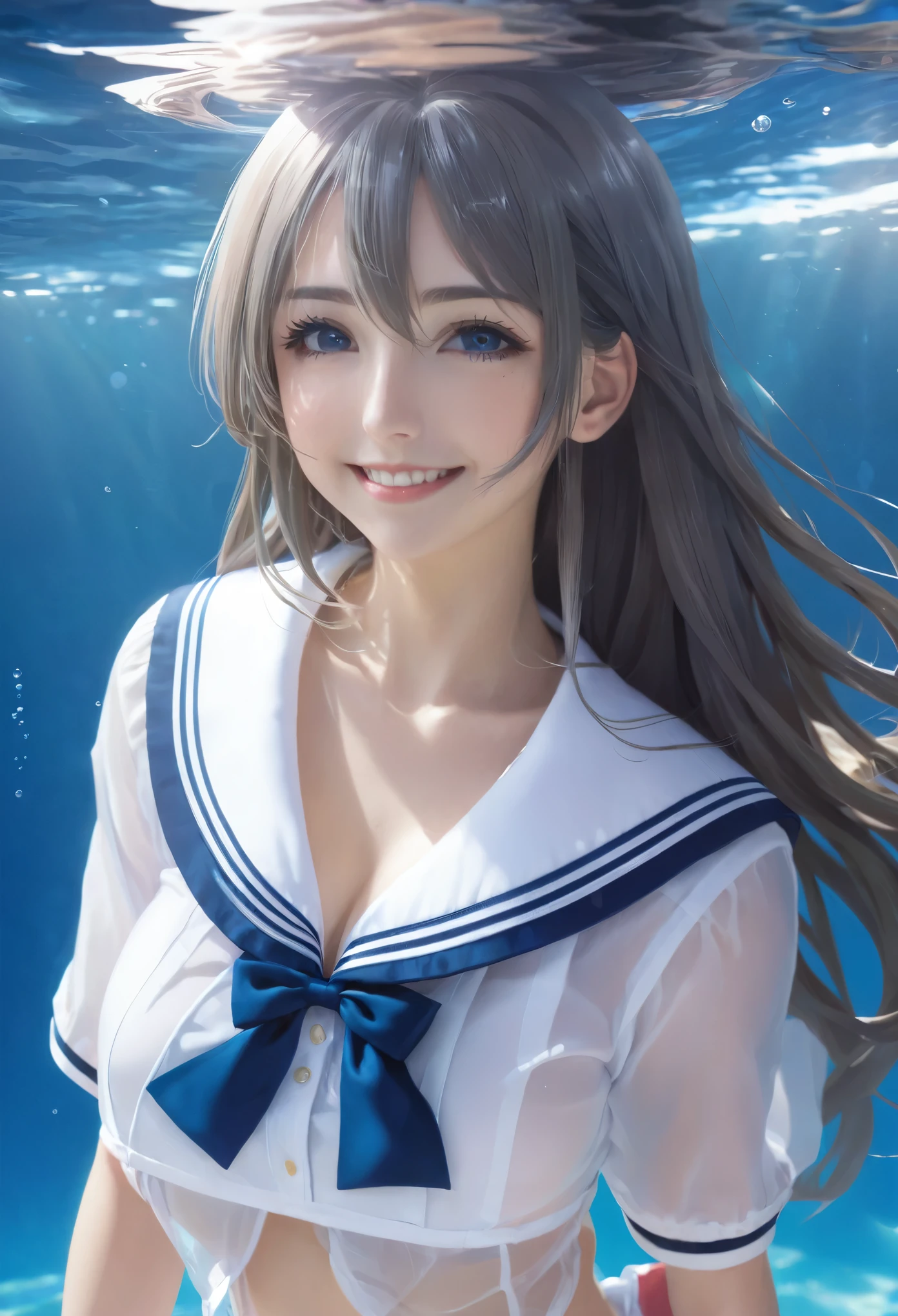 (See through:1.3),white serafuku,Sailor suit, White Theme,, Sailor suit, View Viewer,  Insanity, Disheveled long hair, Beautiful fine details,Hair shines,Elevation,Blue sailor collar, Firm breasts,A light smile,Partially underwater...