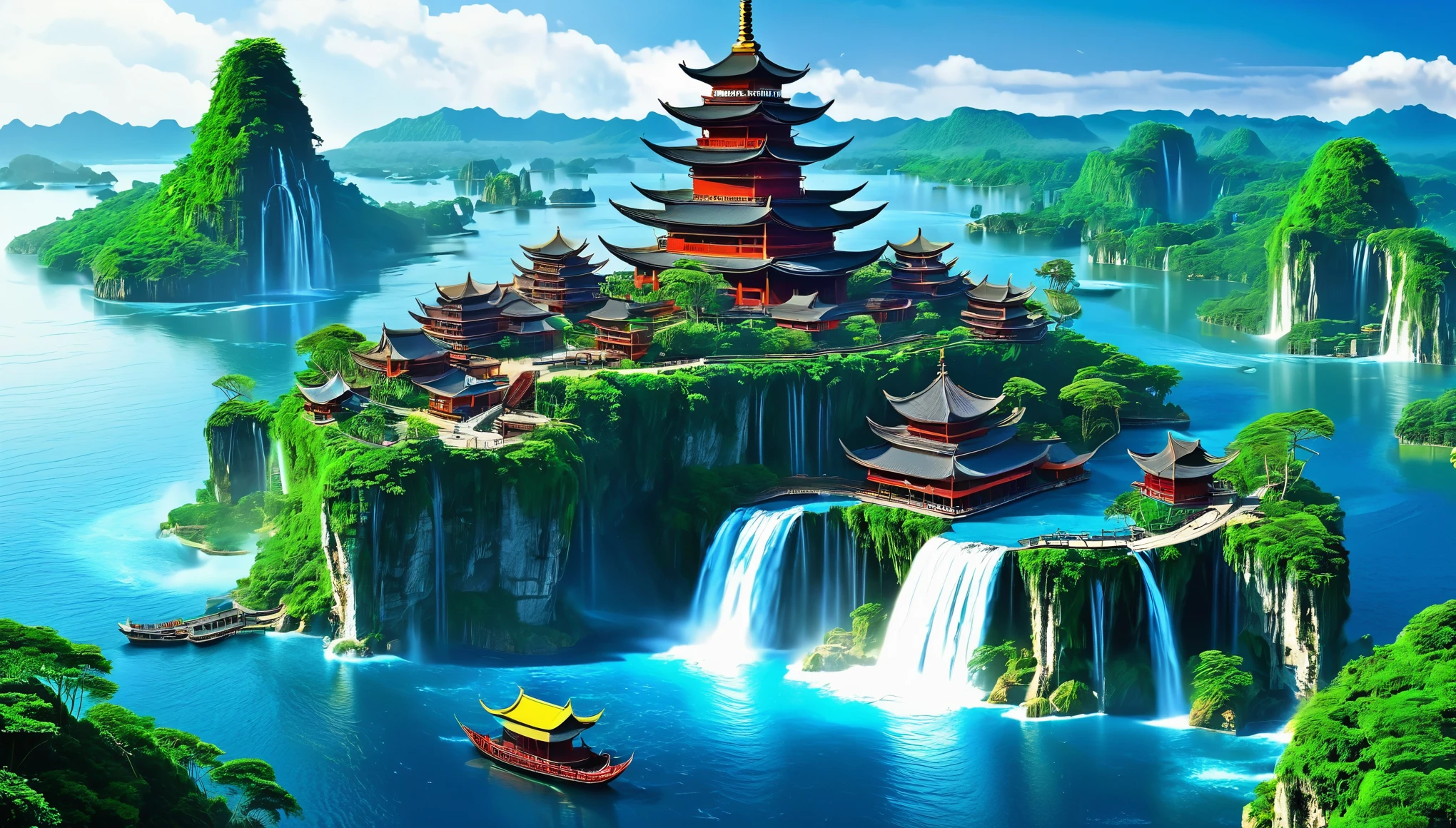 world, Central Theater Floating Island, maritime, There is a landscape village on the island, There are waterfalls around the island, Waterfall flowing from the island to the sea, There is a nine-story pagoda in the center of the island., Above the village
