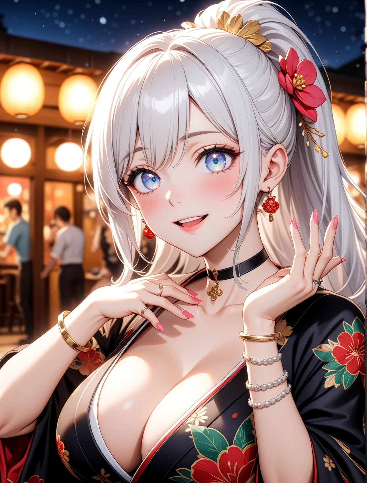 ((one personの女性)), Beautiful Face,(a woman requesting a hug. She has her arms open wide as if ready to embrace someone),(Bright red cheeks:1.3),Laughing embarrassedly,Laugh with your mouth wide open,Glossy pink lips,Cinema lighting,night,Outdoor tavern,firework,((Anime style background)),masterpiece, highest quality, so beautiful, Latest, Complex details, (Pink long nails),(ring),(bracelet),(choker),AI-generated, Complex,High resolution, highest quality, super high quality,3D Images、View your viewers、3D Images,one person,Long white hair,High Ponytail,(blue eyes),Anime woman posing for a photo, ((Fine grain、Silvery white colorful eyes、Shining Eyes:1.3)),(Squint your eyes:1.1),a hyperRealistic , hyperRealistic , Realistic,Anime woman with long and white hair, Smooth anime CG art, A woman in a colorful kimono with gold embroidery, (Black kimono),Red floral pattern,Long flower hair ornament,Big earrings,Mature Body,(Big Breasts:1.1),Tall,Fine details,Narrow waist, (Face close-up:1.1)