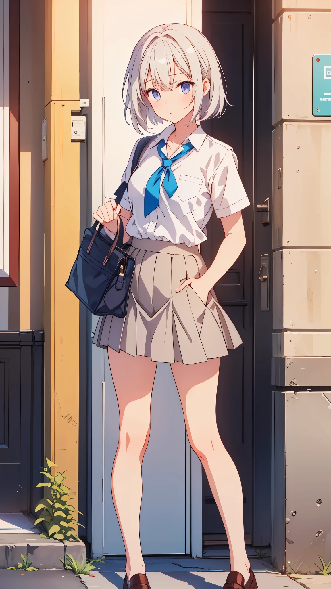 A woman in a short skirt and white shirt is standing on the sidewalk, highest quality, 1 girl, Uniform Ilya, Ilya'uniform,Outdoor,(((Wind power increase))),Skirt flip, Side ties_panties, In a windy skirt,