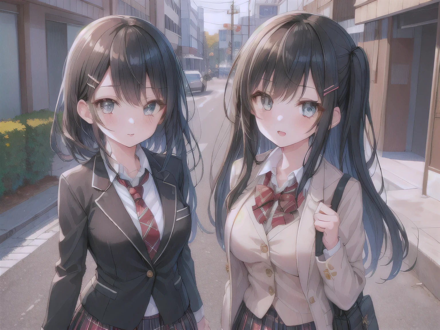 black hair, hairclip, sparkle, pov, anatomically correct, high details, highres, high quality, textured skin, masterpiece, accurate, perfect detailed eyes, perfect detailed face, ultra-detailed nose, Japanese high school girls, blazer, plaid skirt, white shirt, red tie,2 girls, (on street:1.3)