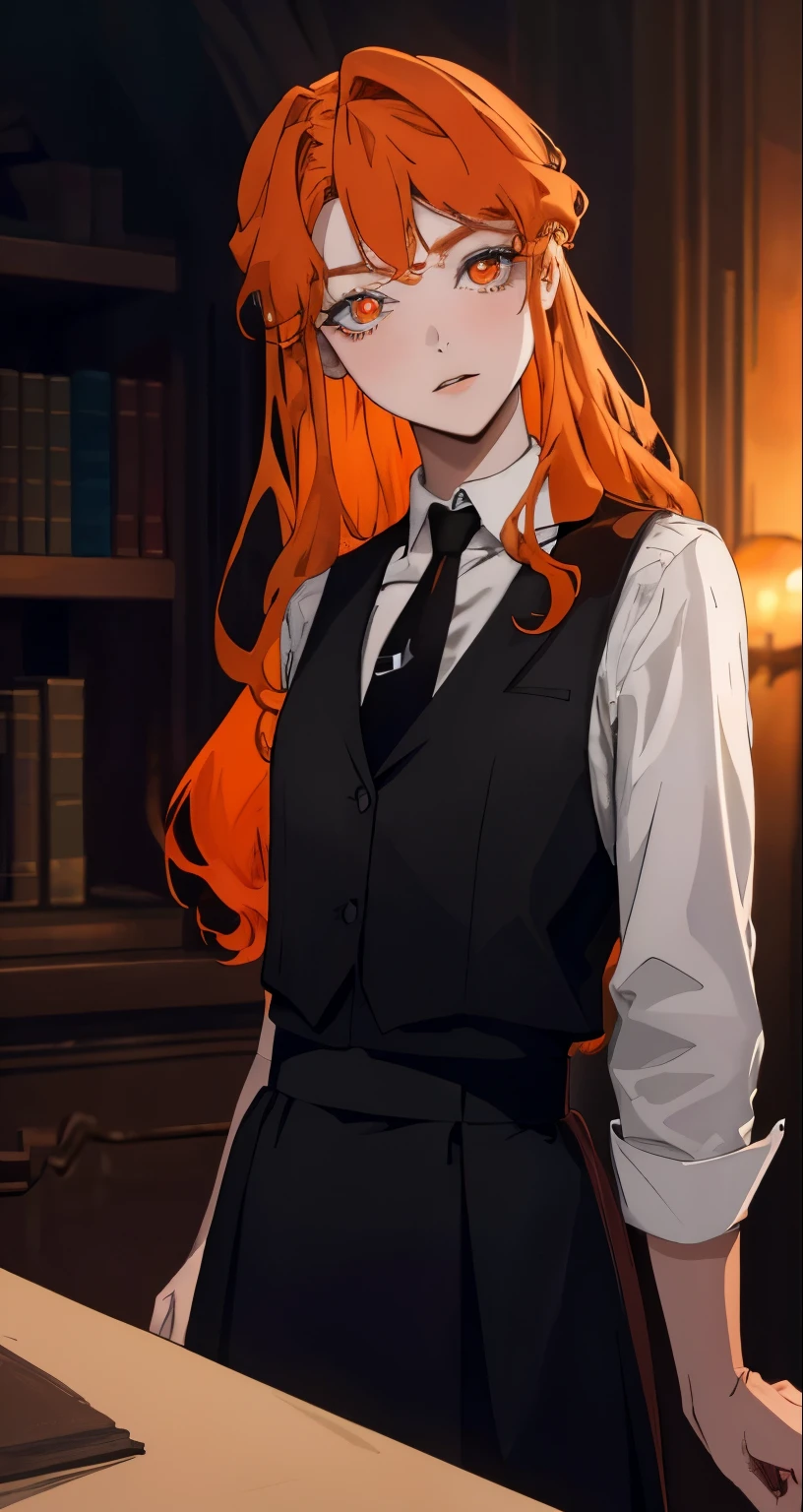 { masterpiece : best quality : high resolution : unity 8k wallpaper : illustration : beautiful detailed eyes : extremely detailed face : perfect lighting : extremely detailed CG } { in a creepy dark room : dark lighting } { Lenore : orange hair : wearing white collar shirt with black tie and black skirt }