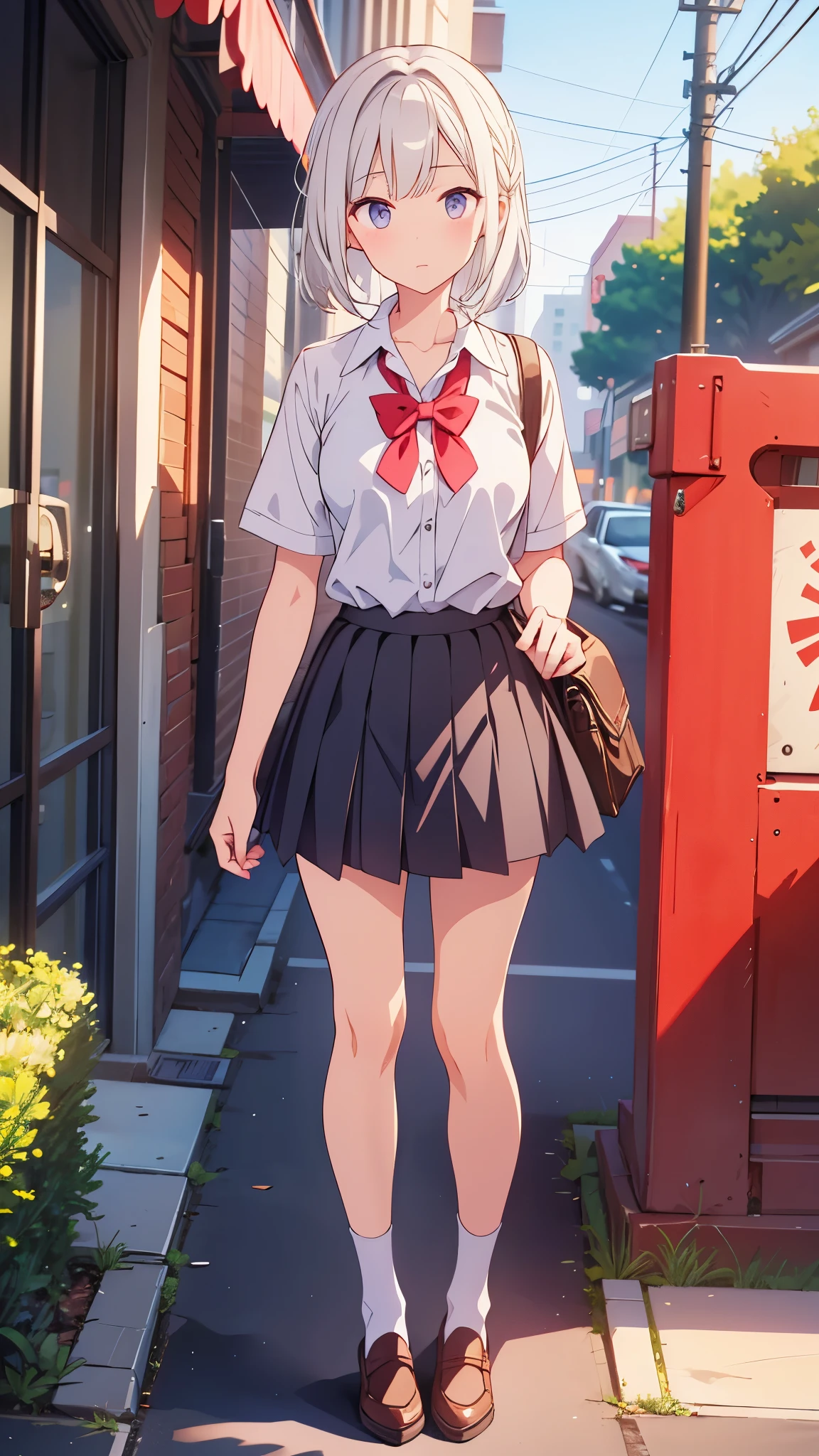 A woman in a short skirt and white shirt is standing on the sidewalk, highest quality, 1 girl, Uniform Ilya, Ilya'uniform,Outdoor,(((Wind power increase))),Skirt flip, Side ties_panties, In a windy skirt,