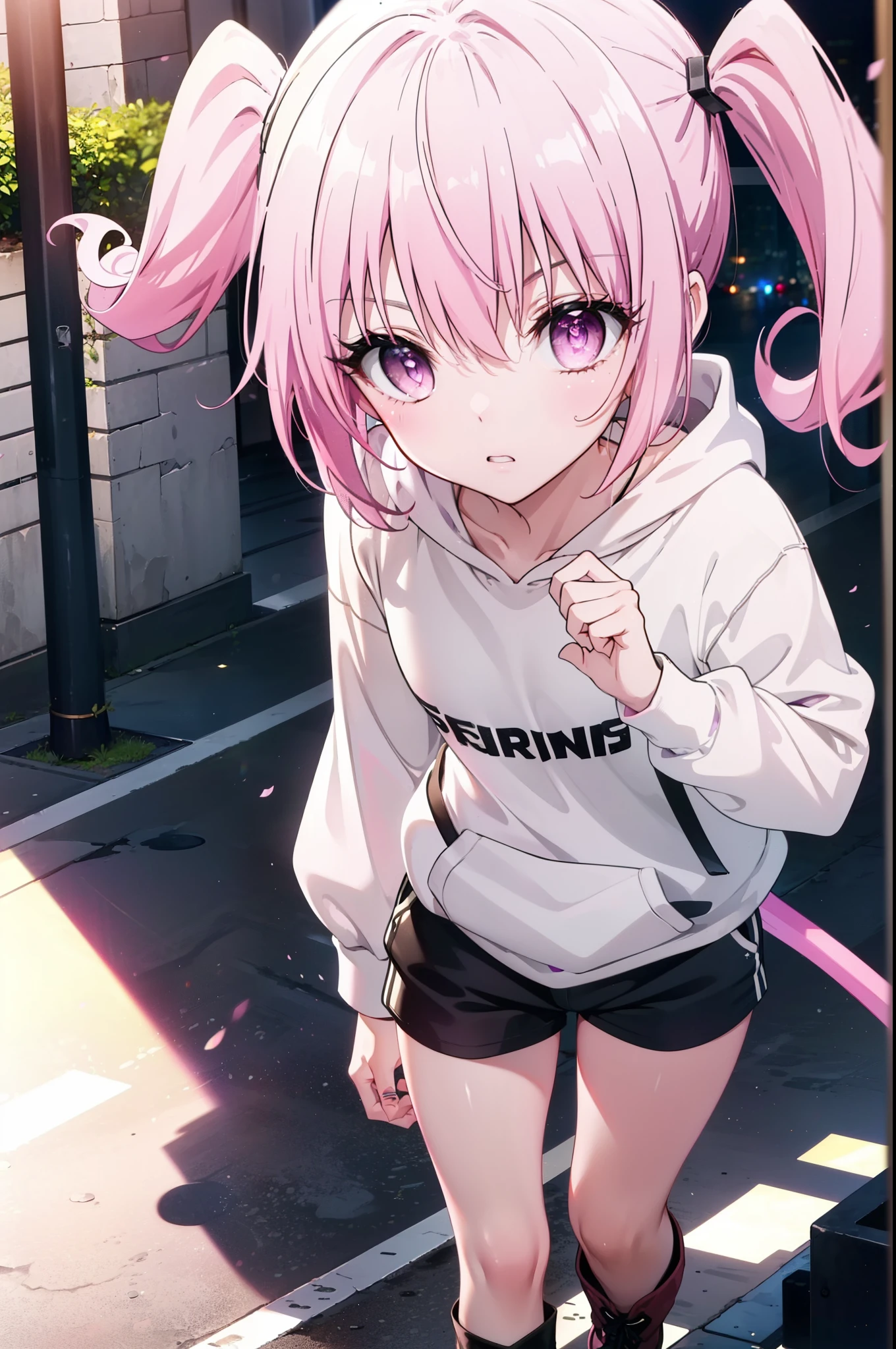 Nana Devil,  That Deviluke, tooth, Long Hair, (Pink Eyes:1.5), Pink Hair, tail, twintails, (Flat Chest:1.2),
Oversized hoodie,Shorts,Black knee socks,short boots,whole bodyがイラストに入るように,walking,
break outdoors, ビル街
break looking at viewer, whole body,
break (masterpiece:1.2), highest quality, High resolution, unity 8k wallpaper, (figure:0.8), (beautiful detailed eyes:1.6), extremely detailed face, Perfect lighting, extremely detailed CG, (Perfect hands, Perfect Anatomy),