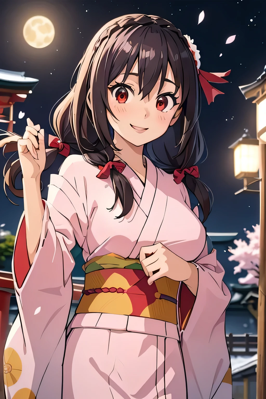 (masterpiece, highest quality), One girl,    Yunyun,Long Hair,Braiding,Twin tails,Hair between the eyes,Hair Ribbon,hair ornaments,Big Breasts,(Japan pink kimono:1.2),Red Eyes、The best smile、cherry blossoms、Slit in kimono、Moonlit Night