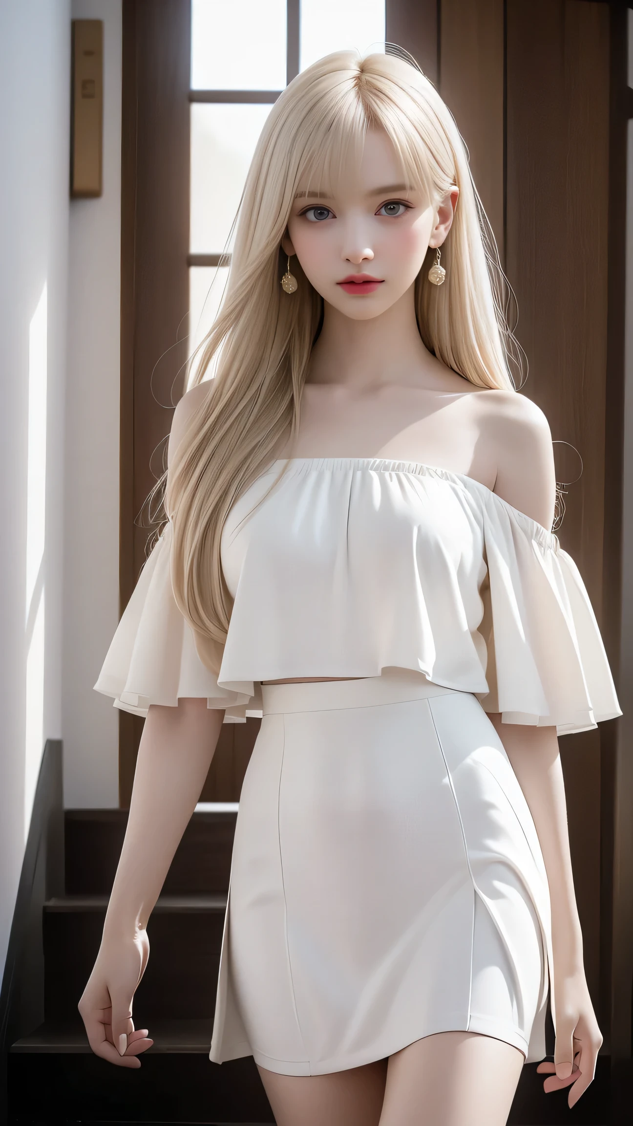 ((Girl walking up the stairs at school))、(Back view)、(Looking back)、Highest quality work、Actual work、Ultra Premium Graphics、8K HD CG Works、High Quality Graphics、High-definition CG works、10x pixels、Ultra-fine detail:1.1、High level of technical detail:1.1 Photorealistic、Indoor lighting effects:1.5、Natural light:1.5。Light Effects(Virtual Light Effects:1.8)、(((Straight Van、Princess Van))、(((Very Heavy、Volume Bang:1.1))、(((Very Long、Very Heavy、Very Volume Side Lock:1.1)、Hime Cut、Straight bangs、Round Face Ugly Bangs、Ugly Long Bangs、Bangs straight、(masterpiece、Highest quality:1.5)、(Ultra-fine 8K CG:1.4)、(Hyperreal:1.25)、(Real:1.4)、((Golden white hair))、Thin eyebrows、High nose、Nice red lips、Rosy Cheeks、A face with subtle makeup、Cute Face、Perfectly balanced face、()、Light-toned foundation enhances skin transparency、、((Semi-transparent off-the-shoulder white flared dress))、((Lift-up skirt)),((White panties are visible)),40k、photograph、Tabletop、Highest quality、rain background、(1. A girl with beautiful eyes and light hair、 White skin、Mr. Miss.々Pose。((Medium size chest、:1.1))、highest quality、Tabletop、Ultra-high resolution、(Real:1.4)、RAWphotograph、(Perfect Figure)、(slim:1.3)、Slim abdomen、Perfect slim figure、Dynamic Pose、alone、Cold light 12000K、Very detailedな顔と肌の質感、detailed、Realistic eyes、Beautiful details、(Real Skin)、charm、Ultra-high resolution、Surreal、Very detailed、