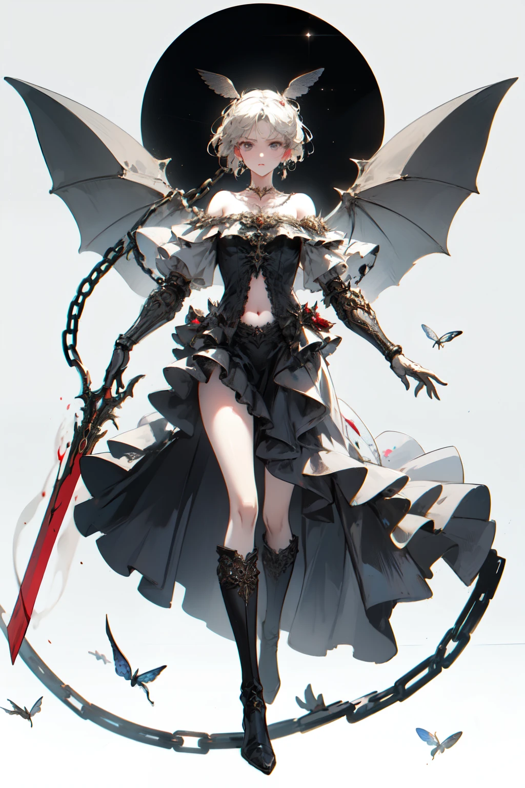  ((best quality)), ((masterpiece)), (detailed), 1girl, off-shoulder, Character design, female, long white grey hair, grey white eyes, small frame, very skinny, detailed, best quality, no accesoires around the neck, no shoes, prominent collarbones, skinny arms, flat stomach, visible hip bones, full body, blank white background, plain background, white background, red and white clothing, Bloodborne inspired, occult aesthetic, occult, detailed and intricate steampunk and detailed gothic, NSFW, Very dramatic and cinematic lighting, cosmic horror, grim-dark, side-lighting, perfect face, NSFW, Fluttering lace flared long knee length dress with frilly petticoats, knee length dress, pleated petticoats, petticoats gothic, complex lace boots, side-lighting, gothic ****ta aesthetic, wielding a mighty sword with mechanical components, various different types of insect wings, NSFW, full body, whole body, body, plain background, white background, blank background, no background, white background NSFW, chains, full body, whole body, head-to-toe NSFW 