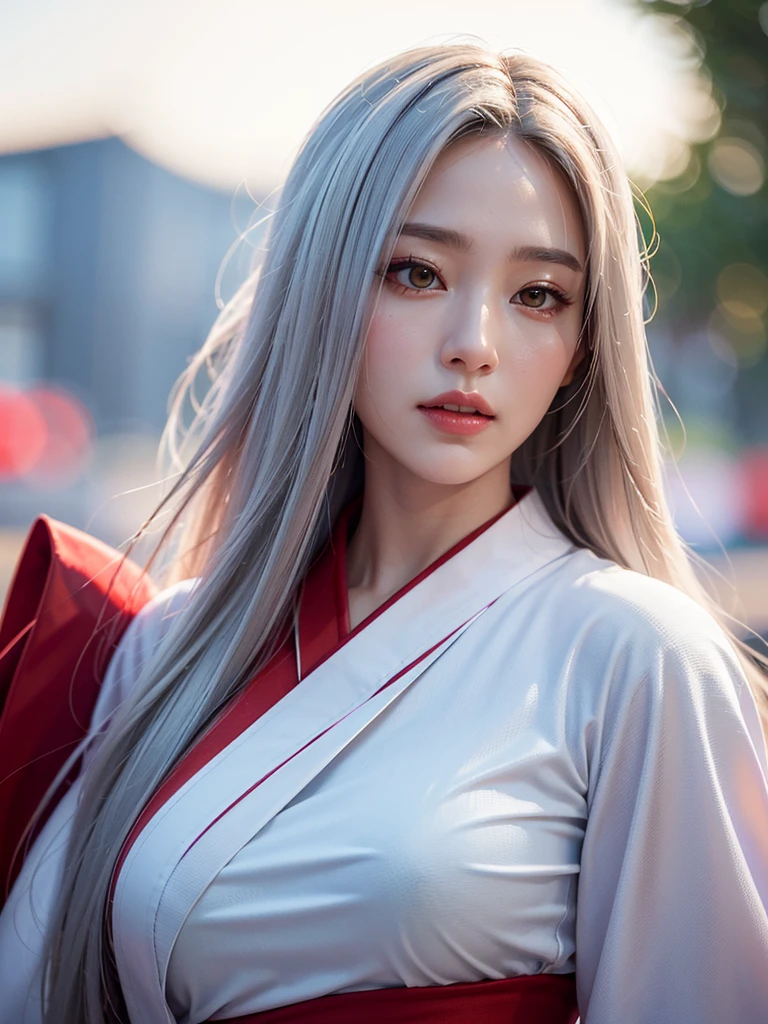 a very beautiful woman with silver hair and smooth long hair, white skin, red eyes, wearing a stylish white and red kimono, in a beautiful full moon scenery, protected by the white big fox god, (best quality,4k,8k,highres,masterpiece:1.2),ultra-detailed,(realistic,photorealistic,photo-realistic:1.37),HDR,UHD,studio lighting,ultra-fine painting,sharp focus,physically-based rendering,extreme detail description,professional,vivid colors,bokeh,portraits