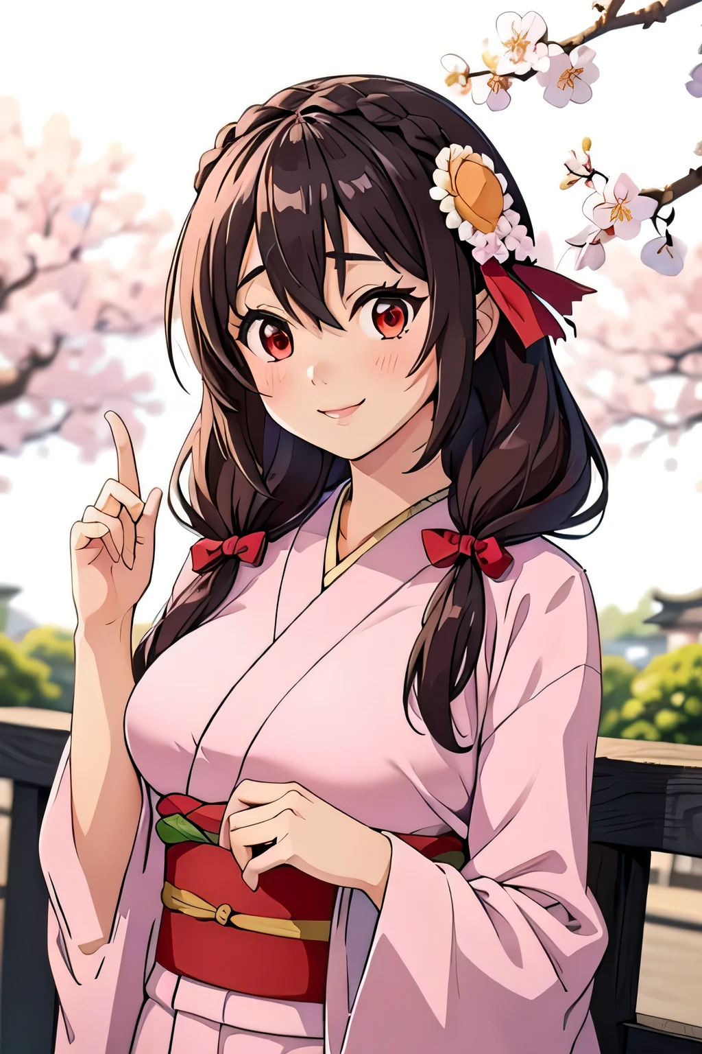 (masterpiece, highest quality), One girl,    Yunyun,Long Hair,Braiding,Twin tails,Hair between the eyes,Hair Ribbon,hair ornaments,Big Breasts,(Japan pink kimono:1.2),Red Eyes、The best smile、cherry blossoms、Slit in kimono