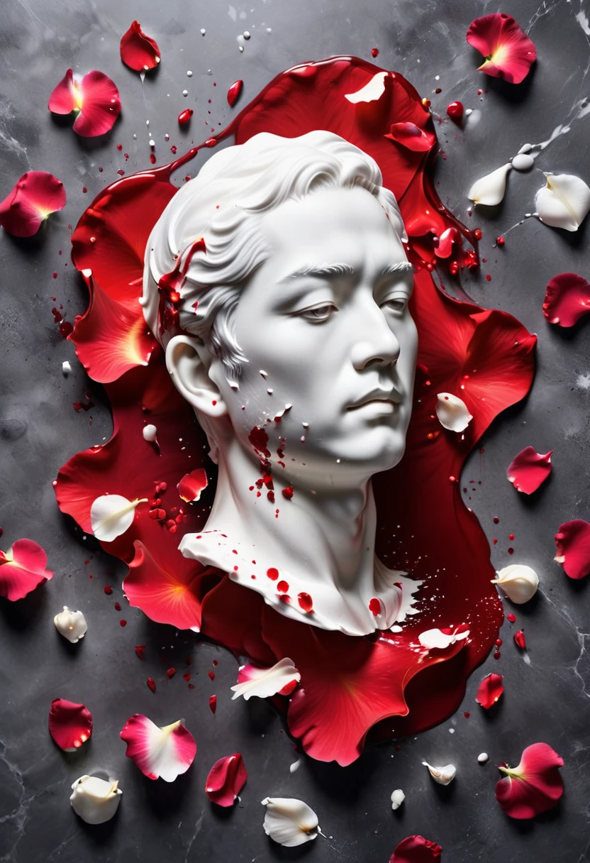 (Best image quality，4K,8k，High resolution，masterpiece:1.2)，Super detailed，(real，real，real:1.37)。Splash Ink，Drop，Paint splattered （3D portrait engraving，Pure white sculpture，Marble sculpture，broken，Red tears，close your eyes，Lift your head），（Still life table setting，Dark fabric background，Rose petals scattered on the countertop），confusion,Japanese Male,middle aged