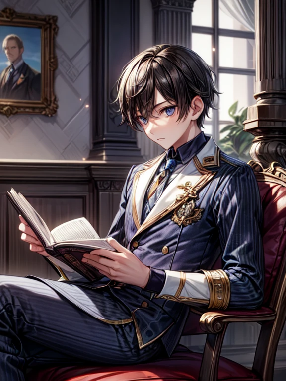 (masterpiece, Best quality), BOY, while reading a book