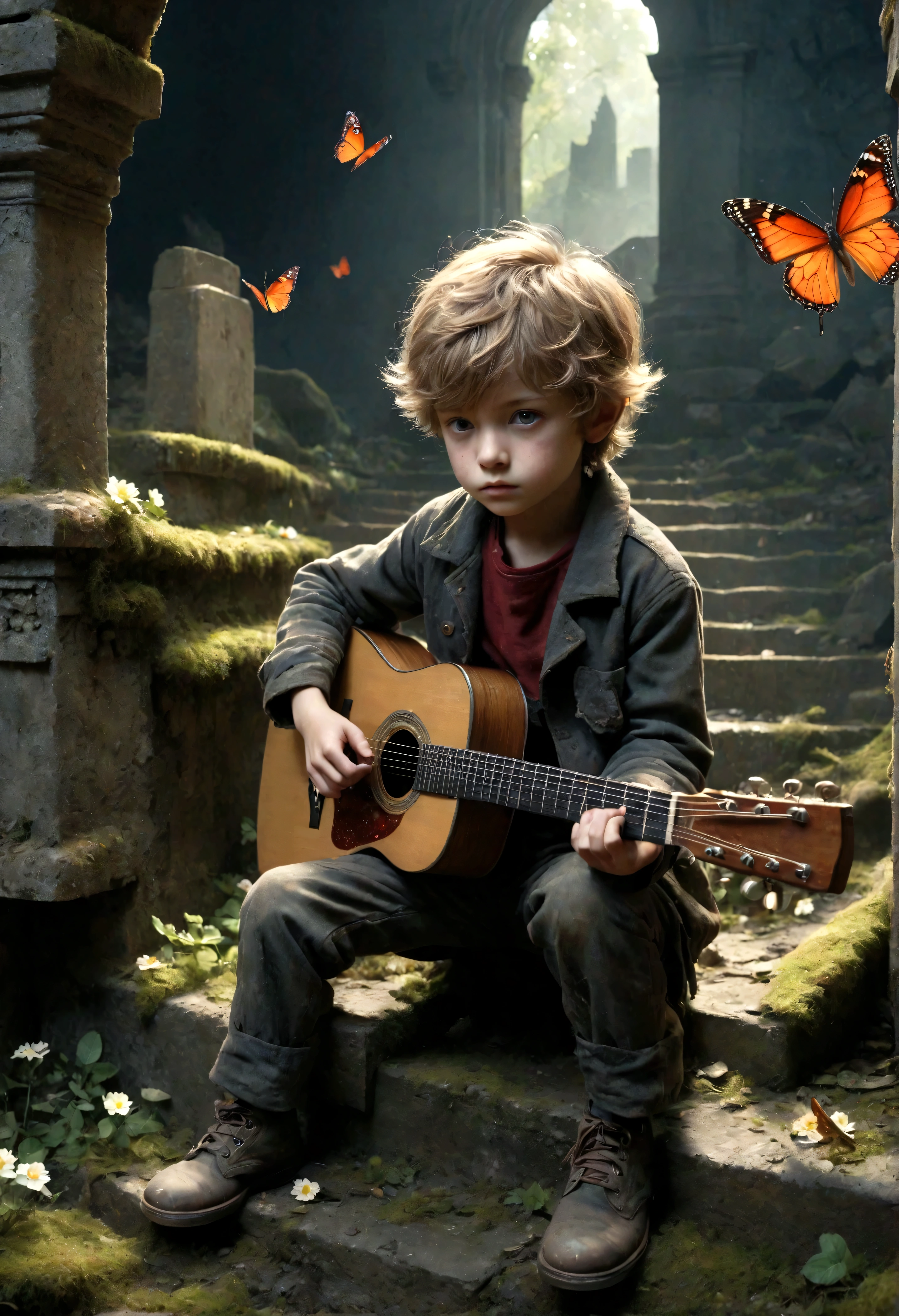 cannon fire，Little boy playing guitar in ruins, depressed, Eyes gaze，Dirty face，desolate, moss covered, Dilapidated, dirty, (best quality,4k,8K,High resolution,masterpiece:1.2),Extremely detailed,(Practical,photoPractical,photo-Practical:1.37),Dark Fantasy,severe,Mood lighting,Dramatic shadows,Movie,moody color palette,Soft Tones,Rubbish,rot,weathered，tattered，Small white flowers，Dungeons，cemetery，Black and Red，There is a broken bowl in front.，Footprinting，stairs，vine，rainwater，Swarms of glowing butterflies，A group of transparent wandering souls， Ghost