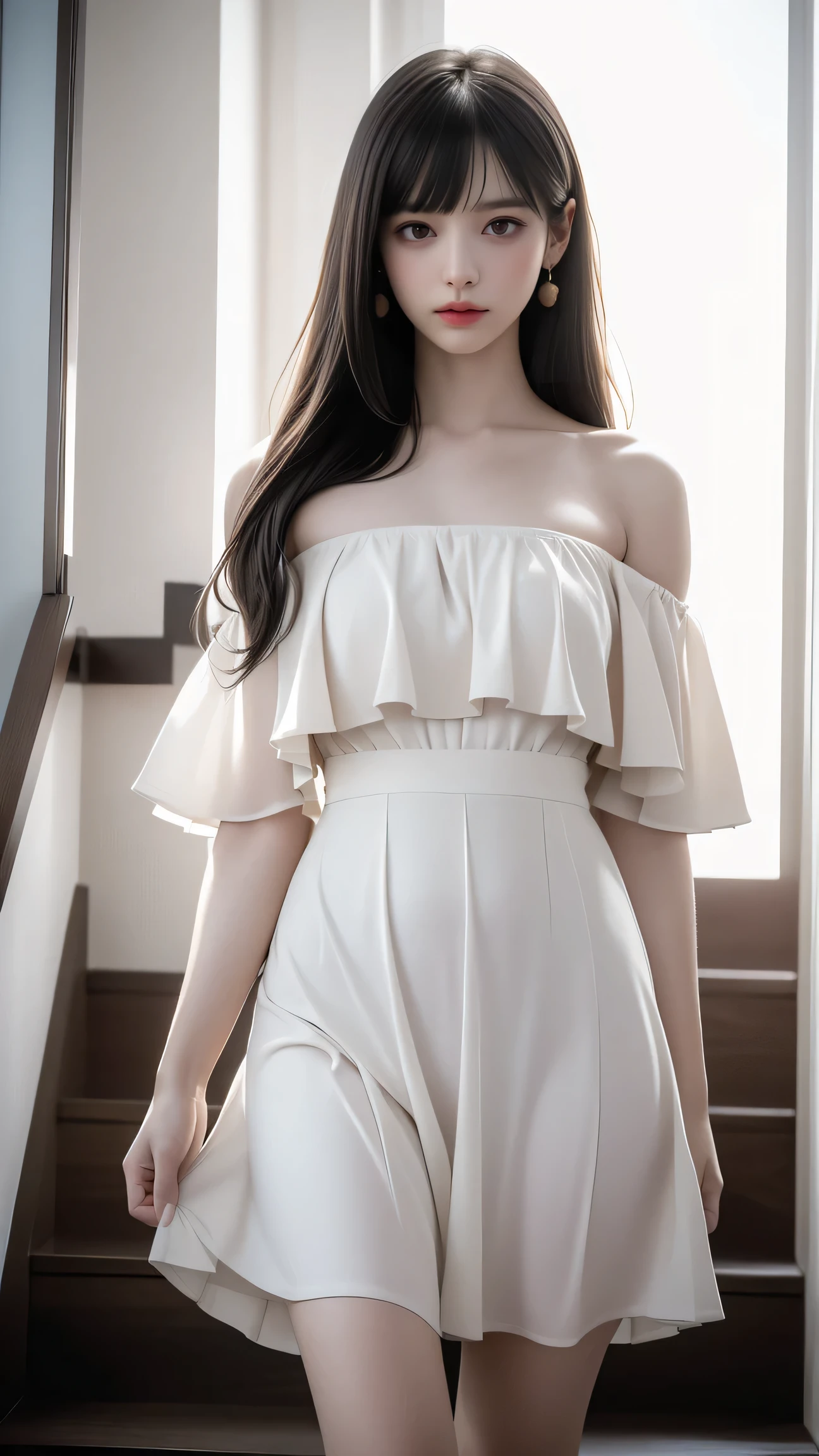 ((Girl walking up the stairs at school))、(Back view)、(Looking back)、Highest quality work、Actual work、Ultra Premium Graphics、8K HD CG Works、High Quality Graphics、High-definition CG works、10x pixels、Ultra-fine detail:1.1、High level of technical detail:1.1 Photorealistic、Indoor lighting effects:1.5、Natural light:1.5。Light Effects(Virtual Light Effects:1.8)、(((Straight Van、Princess Van))、(((Very Heavy、Volume Bang:1.1))、(((Very Long、Very Heavy、Very Volume Side Lock:1.1)、Hime Cut、Straight bangs、Round Face Ugly Bangs、Ugly Long Bangs、Bangs straight、(masterpiece、Highest quality:1.5)、(Ultra-fine 8K CG:1.4)、(Hyperreal:1.25)、(Real:1.4)、((Golden white hair))、Thin eyebrows、High nose、Nice red lips、Rosy Cheeks、A face with subtle makeup、Cute Face、Perfectly balanced face、()、Light-toned foundation enhances skin transparency、、((Semi-transparent off-the-shoulder white flared dress))、((Lift-up skirt)),((White panties are visible)),40k、photograph、Tabletop、Highest quality、rain background、(1. A girl with beautiful eyes and light hair、 White skin、Mr. Miss.々Pose。((Medium size chest、:1.1))、highest quality、Tabletop、Ultra-high resolution、(Real:1.4)、RAWphotograph、(Perfect Figure)、(slim:1.3)、Slim abdomen、Perfect slim figure、Dynamic Pose、alone、Cold light 12000K、Very detailedな顔と肌の質感、detailed、Realistic eyes、Beautiful details、(Real Skin)、charm、Ultra-high resolution、Surreal、Very detailed、