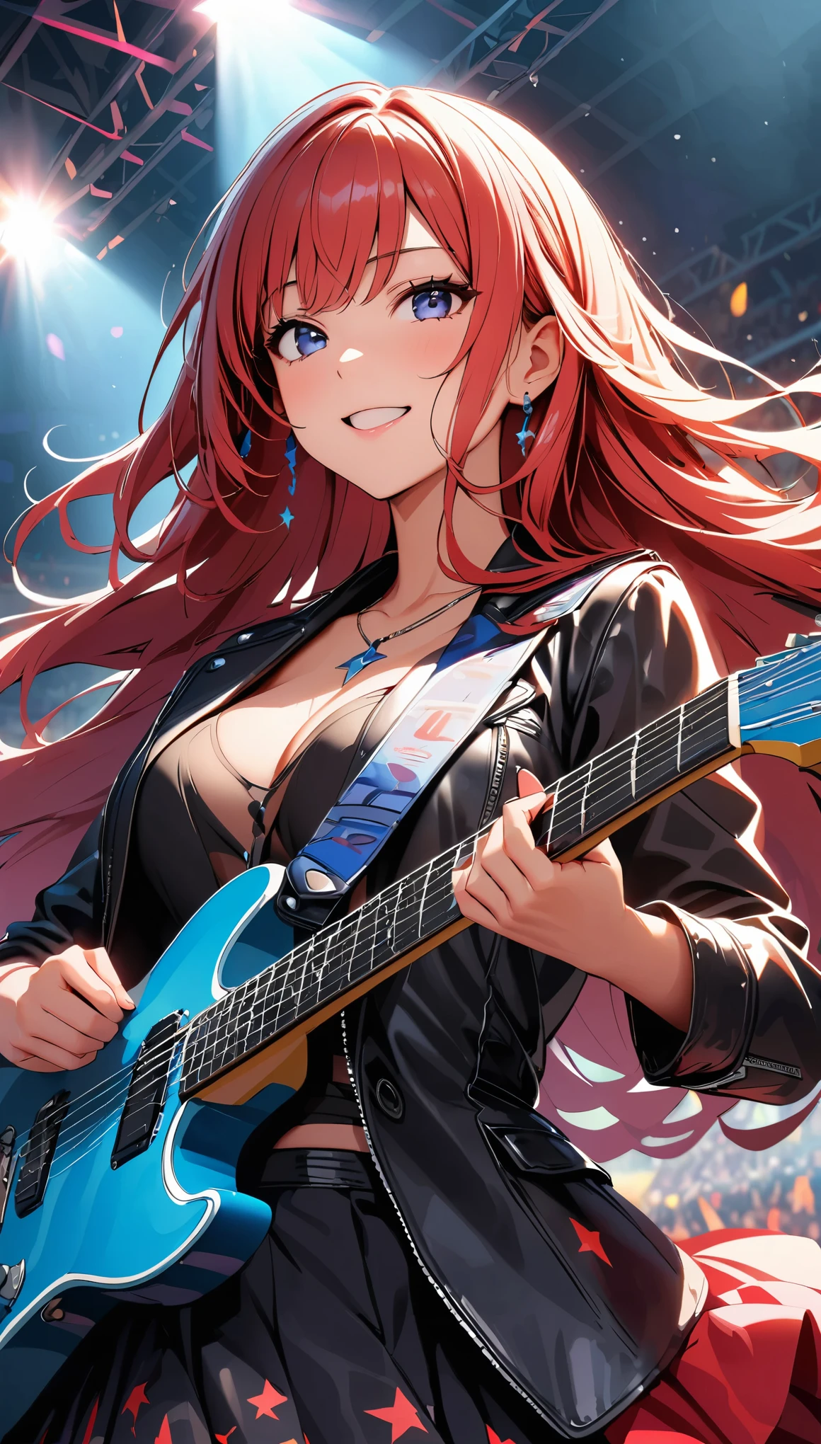 (highest quality:1.2, Very detailed, up to date, Vibrant, Ultra-high resolution, High Contrast, masterpiece:1.2, highest quality, Best aesthetics), Portraiture、girl、singer、stage、performance、Rock Music、Bright colors、Beautiful fine details、Beautiful lip detail、Long Hair、Mike stand、Music band、Cheerful pose、Concert Light、Smoke effect、 Edgy Style、leather jacket、Dynamic Movement、hypnotic sounds、Stadium、amplifier、noise々new crowd、Loud music、Electric guitar、Powerful vocals、情熱的なperformance、きらめくstage、Concert atmosphere、Music Festival、Full of emotion、Rock star attitude、Resolute expression、Avid Fan、魅力的なstageの存在、 Expressive gestures、Rock star aura、An exciting atmosphere、Sing with all your heart、An unforgettable show。