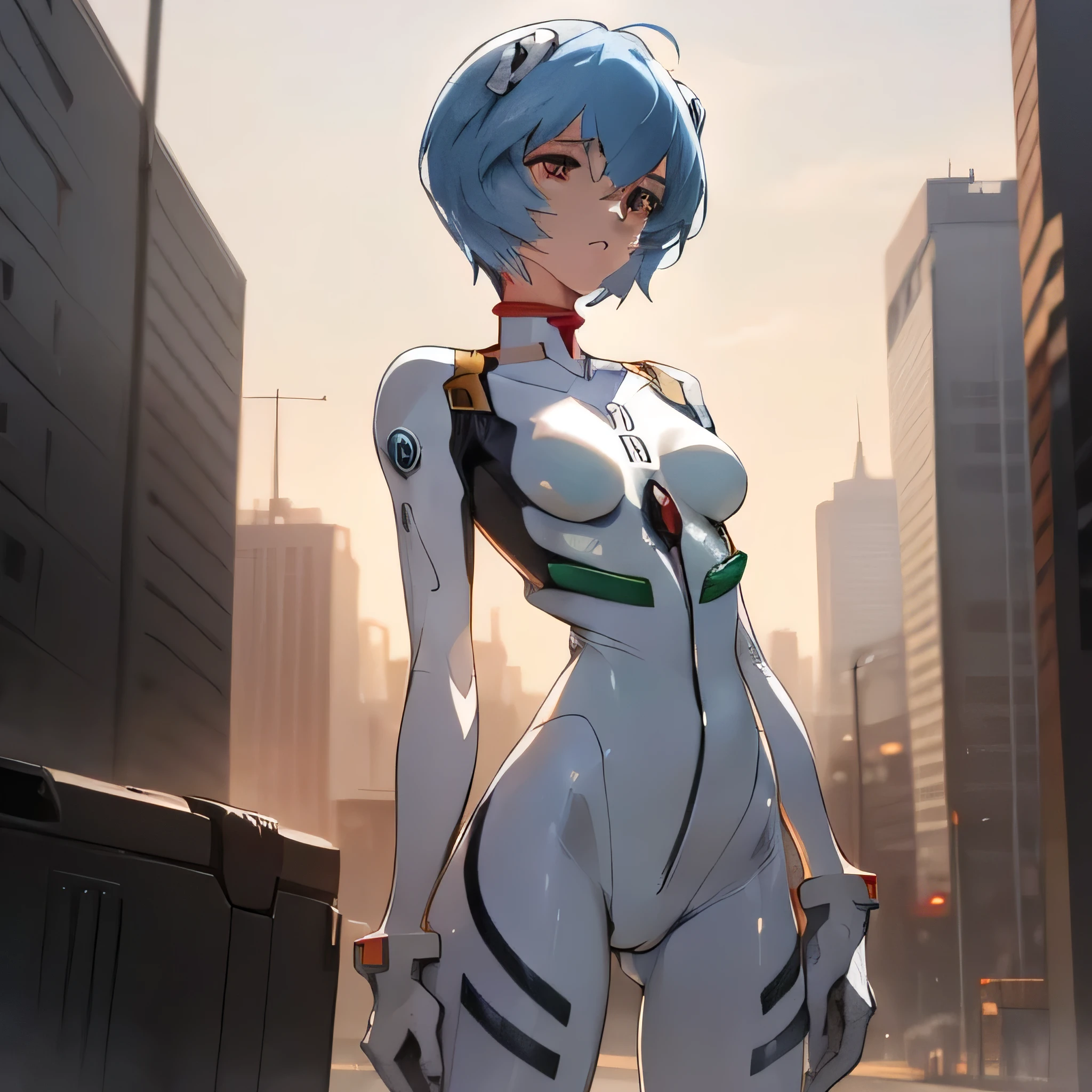 Anime character Rei Ayanami, recognized by her short blue hair and red eyes, stands in a city landscape under the soft glow of the sun filtered through clouds. She breaks the fourth wall, posing in a Cowboy Shot, her hands perfectly portrayed in a highly detailed CG. Her Plug Suit, a white bodysuit, is intricately designed and beautifully detailed, showcasing anatomical perfection. The suit, though broken, retains its pristine quality, making for an 8K wallpaper of unparalleled beauty and attention to detail, featuring Rei Ayanami's highly detailed face under perfect lighting. Her headgear adds an air of mystery to this