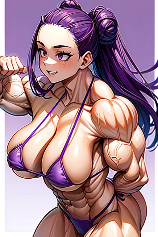 Breast hug,leaning Forward, Sweat:, Top quality, one beautiFul woman, , Dark purple eyes, 35mm lens, F/1, Extra long hair, Purple Hair, Pale skin, , Slender figure,model, Show muscles,Confident smile ,Show your muscles, (Purple Bikini:2), permanent, (View:1.5), Forehead, single bun,(((Bodybuilder:1.5))),Super Muscle