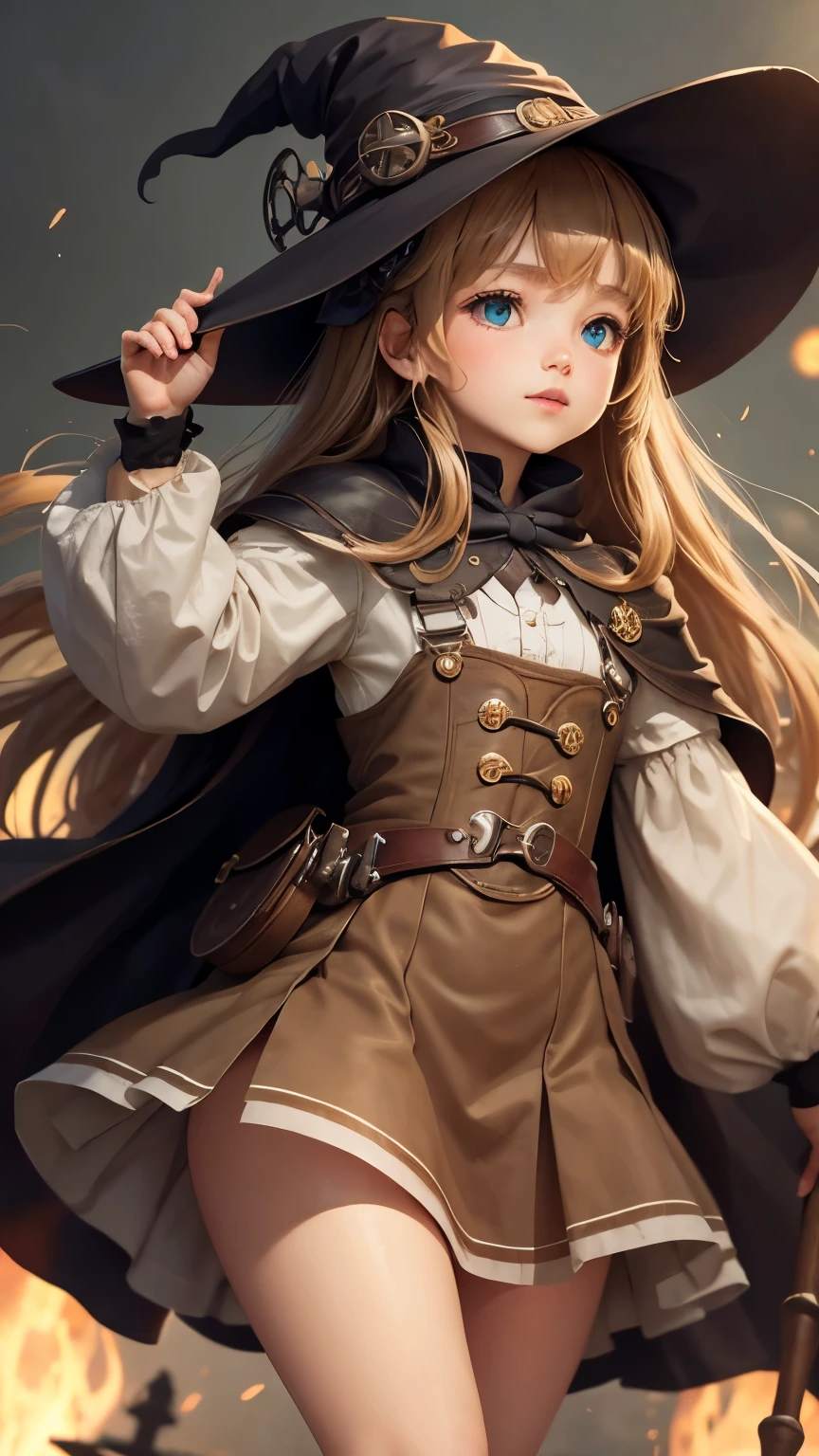 (highest quality:1.5)。steampunkai。One Girl。little cute witch。long light brown fluffy hair。Witch hat and witch outfit。See who's watching。(smile)。Carry a broom on your shoulder。Walking with a lantern in one hand。(The background is a night road illuminated by the full moon)。