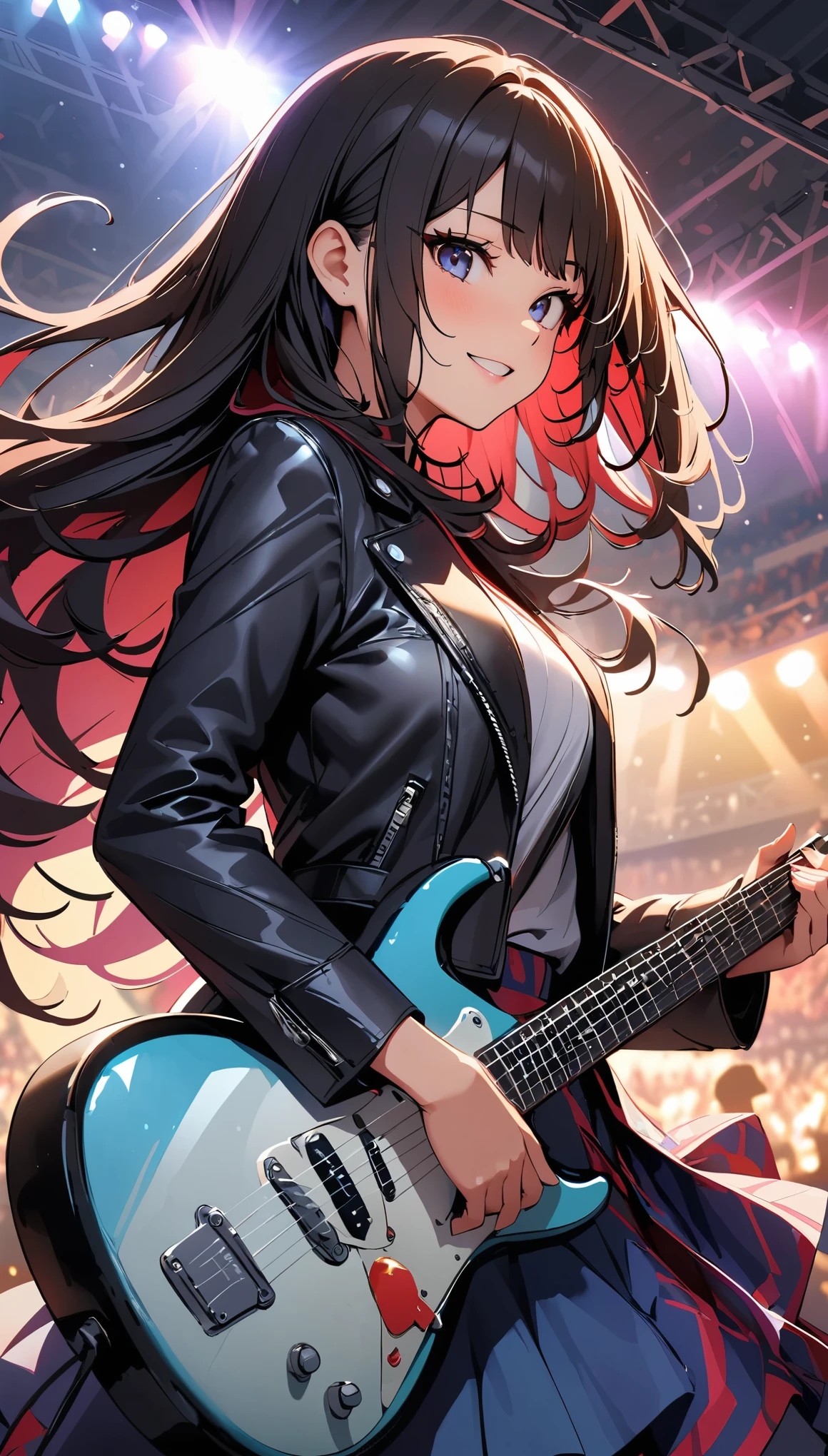(highest quality:1.2, Very detailed, up to date, Vibrant, Ultra-high resolution, High Contrast, masterpiece:1.2, highest quality, Best aesthetics), Portraiture、girl、singer、stage、performance、Rock Music、Bright colors、Beautiful fine details、Beautiful lip detail、Long Hair、Mike stand、Music band、Cheerful pose、Concert Light、Smoke effect、 Edgy Style、leather jacket、Dynamic Movement、hypnotic sounds、Stadium、amplifier、noise々new crowd、Loud music、Electric guitar、Powerful vocals、情熱的なperformance、きらめくstage、Concert atmosphere、Music Festival、Full of emotion、Rock star attitude、Resolute expression、Avid Fan、魅力的なstageの存在、 Expressive gestures、Rock star aura、An exciting atmosphere、Sing with all your heart、An unforgettable show。