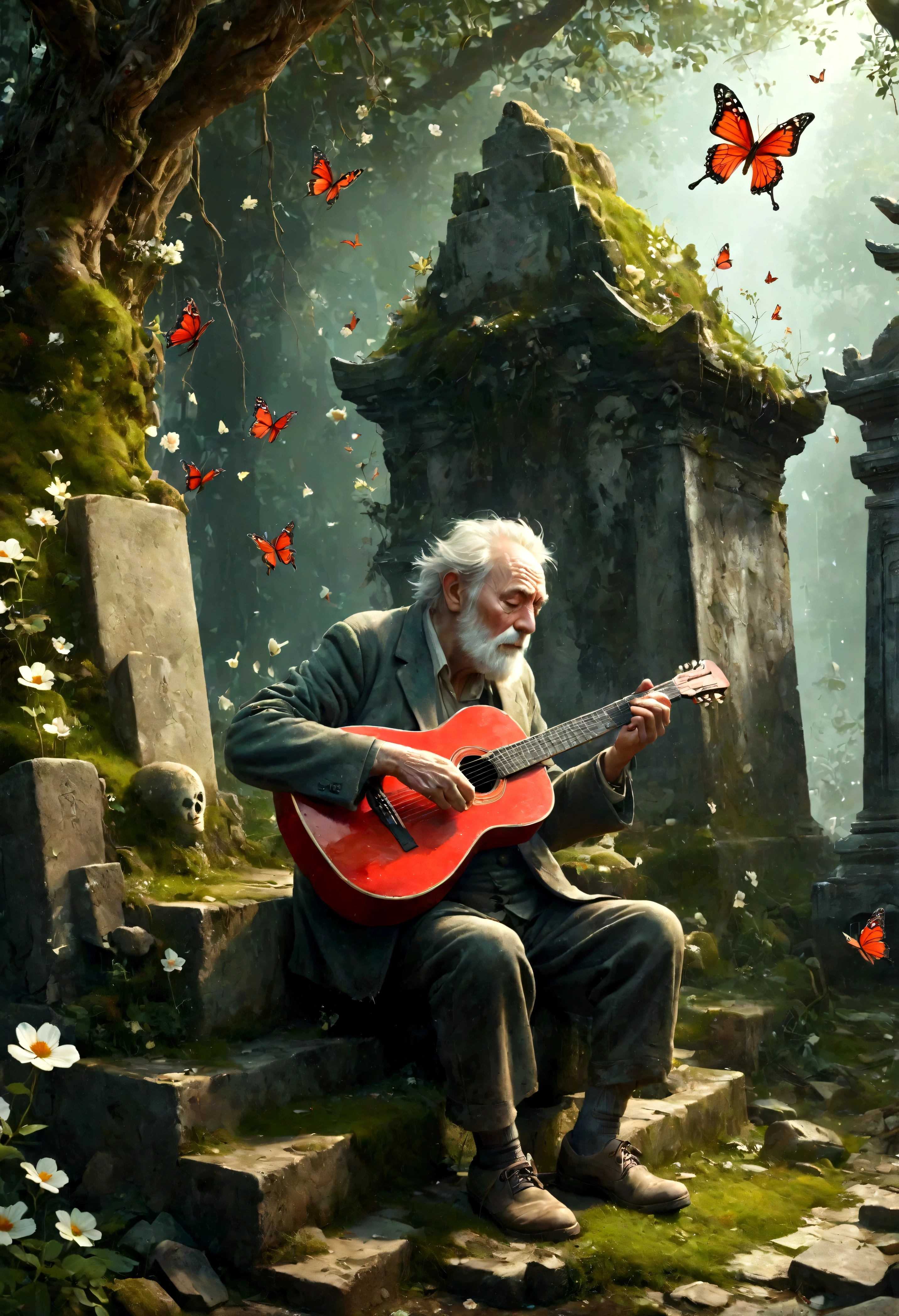 old man playing guitar, depressed, desolate, moss covered, Dilapidated, dirty, (best quality,4k,8K,High resolution,masterpiece:1.2),Extremely detailed,(Practical,photoPractical,photo-Practical:1.37),Dark Fantasy,severe,Mood lighting,Dramatic shadows,Movie,moody color palette,Soft Tones,Rubbish,rot,weathered，tattered，Small white flowers，Chinese tombs，Dungeons，cemetery，Black and Red，There is a broken bowl in front.，Footprinting，stairs，vine，rainwater，Swarms of glowing butterflies，A group of transparent wandering souls， Ghost