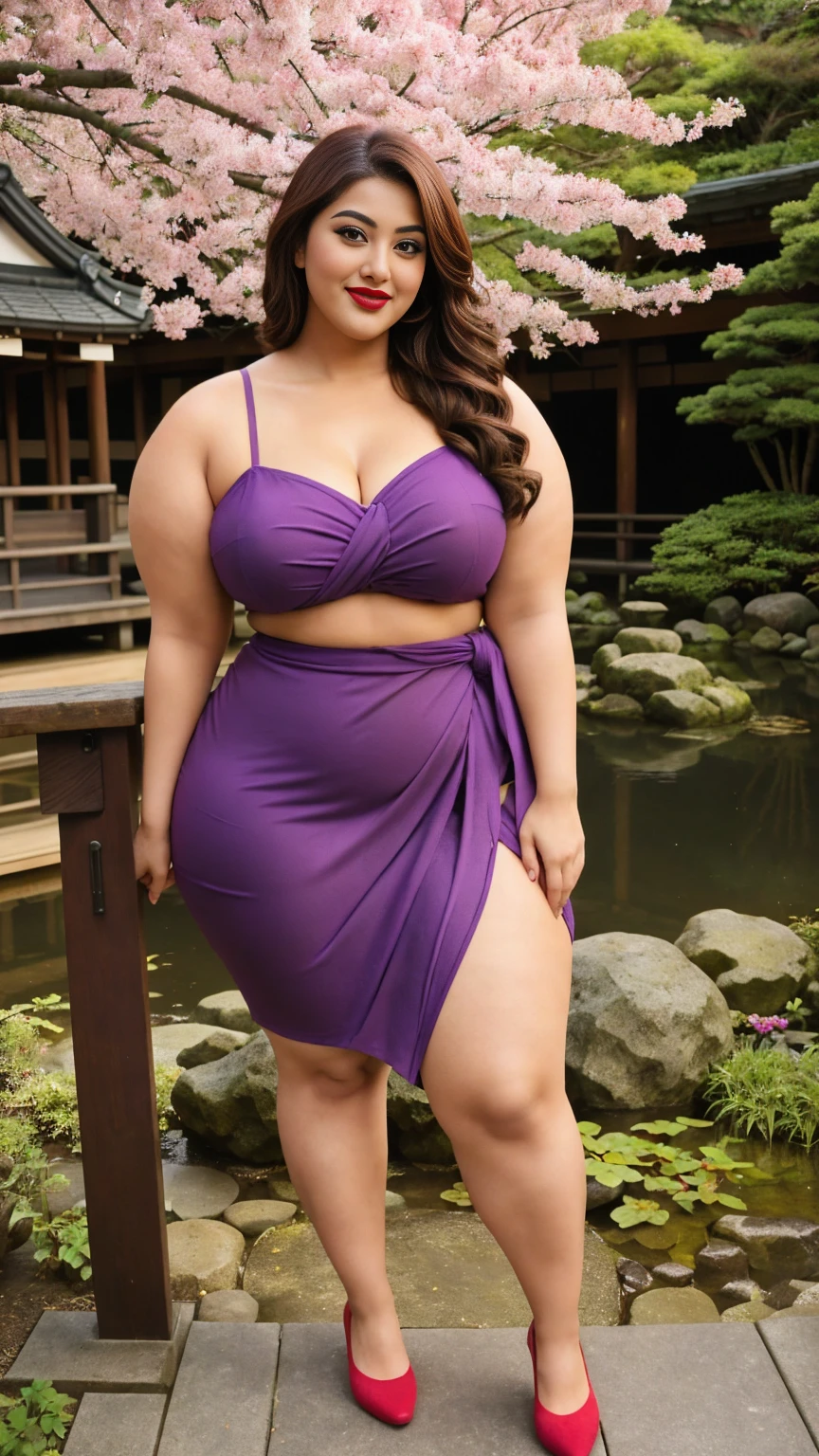 Madhubala an Indian sexy curvy plus size body beautiful actress in a sexy and short purple wrap dress and red lipstick posing for a picture in a Japanese garden for photoshoot, camera front facing, smilling face, head to toe view, full body shot, hourglass body shape, curvy plus size body, bigger waist, busty, big hips, fleshy thighs, thick thighs, busty, full body view, head to to view, american woman, full body shot, sexy girl, beautiful curves, curvy model, attractive curves, attractive feminine curves, gorgeous woman, Kyoto: Known for its serene gardens, Japanese garden background