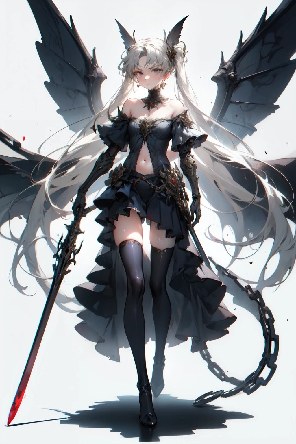  ((best quality)), ((masterpiece)), (detailed), 1girl, off-shoulder, Character design, female, long white grey hair, grey white eyes, small frame, very skinny, detailed, best quality, no accesoires around the neck, no shoes, prominent collarbones, skinny arms, flat stomach, visible hip bones, full body, blank white background, plain background, white background, red and white clothing, Bloodborne inspired, occult aesthetic, occult, detailed and intricate steampunk and detailed gothic, NSFW, Very dramatic and cinematic lighting, cosmic horror, grim-dark, side-lighting, perfect face, NSFW, Fluttering lace flared long knee length dress with frilly petticoats, knee length dress, pleated petticoats, petticoats gothic, complex lace boots, side-lighting, gothic ****ta aesthetic, wielding a mighty sword with mechanical components, various different types of insect wings, NSFW, full body, whole body, body, plain background, white background, blank background, no background, white background NSFW, chains, full body, whole body, head-to-toe NSFW 