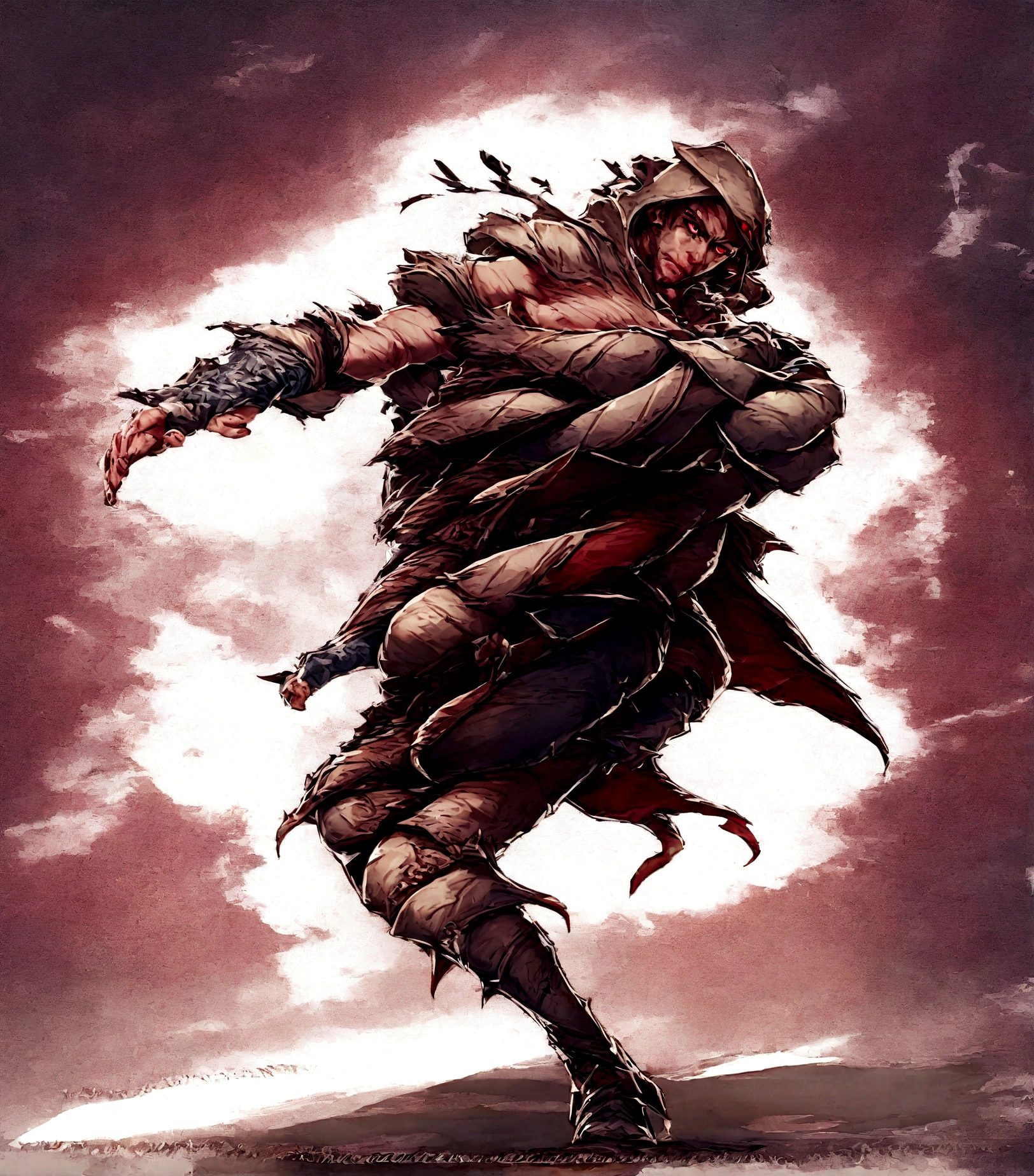 black cloak, red eyes and red lines on cloathing, wearing a hood, intimidating apperance, mascular, male djinn man demon hybrid, rpg character, djinn man male demon, d&d dark monk character art, rpg character art, monk, fighting fantasy style image, dnd fantasy character, monk class, warrior dnd character, dungeons and dragons character