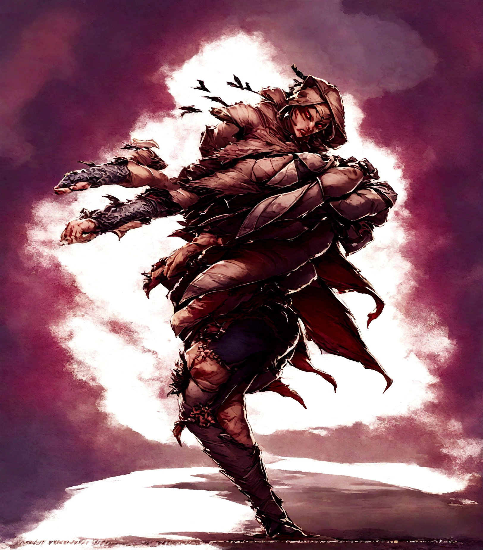 black cloak, red eyes and red lines on cloathing, wearing a hood, intimidating apperance, mascular, male djinn man demon hybrid, rpg character, djinn man male demon, d&d dark monk character art, rpg character art, monk, fighting fantasy style image, dnd fantasy character, monk class, warrior dnd character, dungeons and dragons character