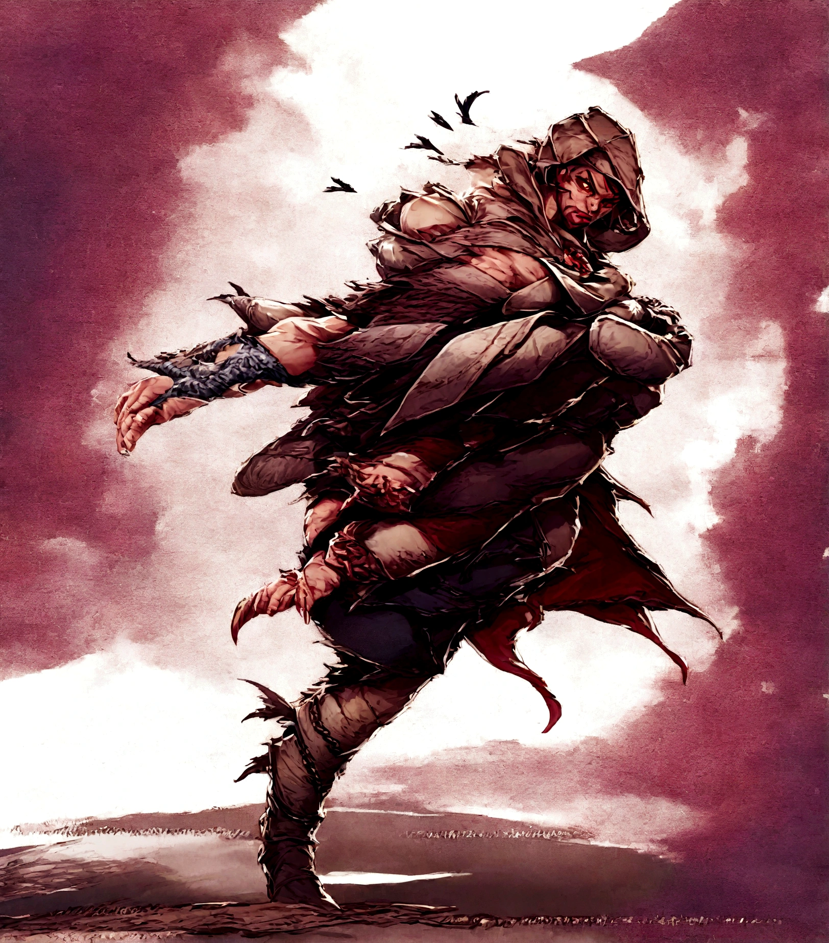 black cloak, red eyes and red lines on cloathing, wearing a hood, intimidating apperance, mascular, male djinn man demon hybrid, rpg character, djinn man male demon, d&d dark monk character art, rpg character art, monk, fighting fantasy style image, dnd fantasy character, monk class, warrior dnd character, dungeons and dragons character