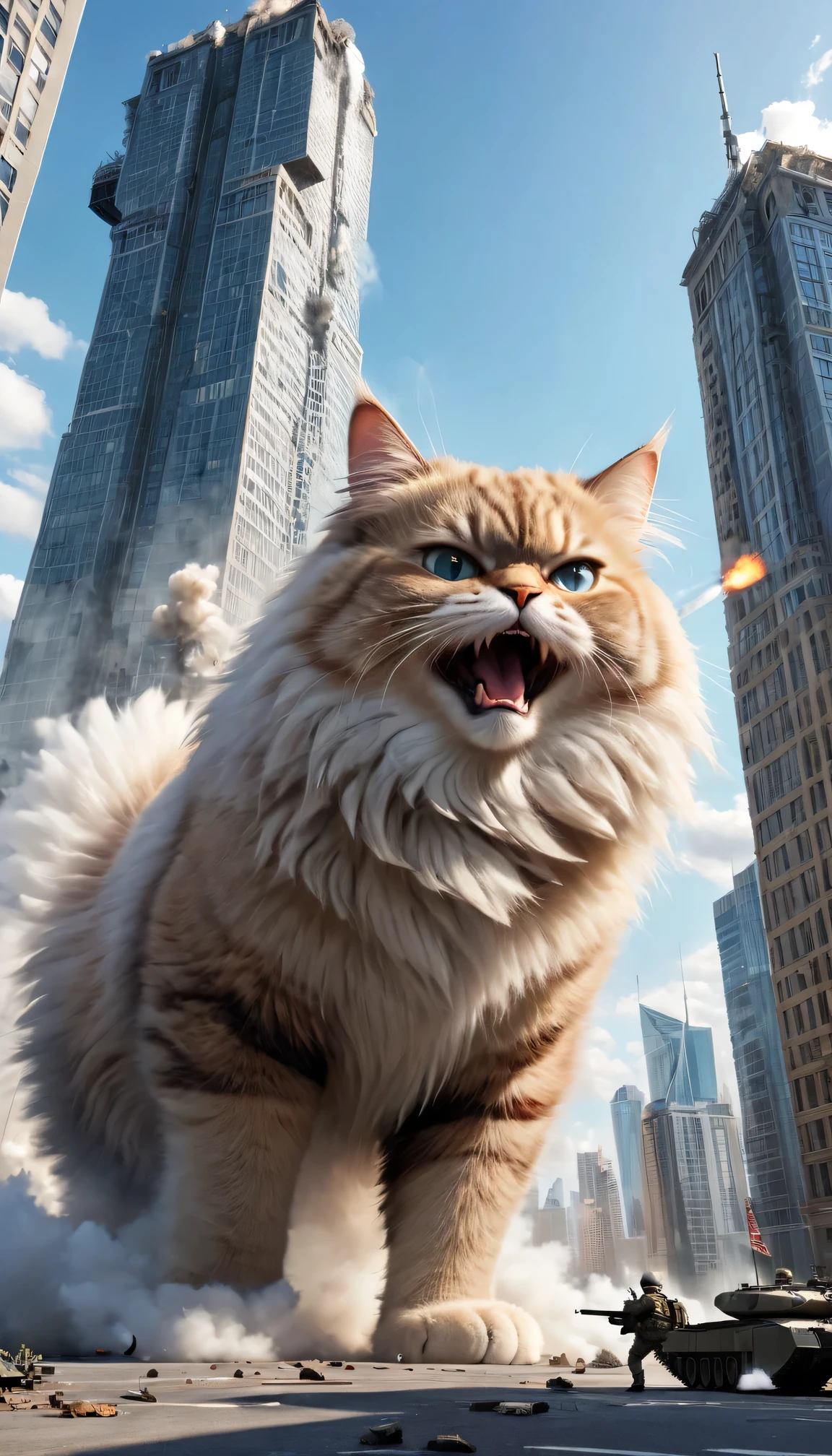 Cute giant fluffy cat destroys big city, tank, Jets, military, skyscraper, Kick down a building
