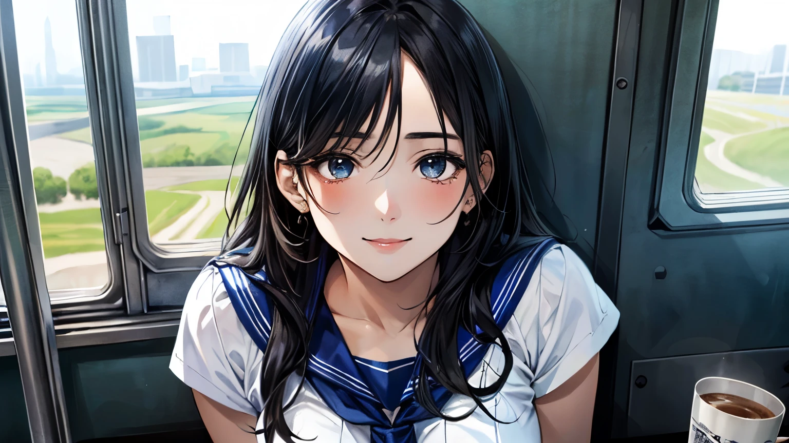 (masterpiece:1.3, highest quality, Ultra-high resolution, Super detailed), (Realistic, photoRealistic:1.4), Beautiful illustrations, Perfect lighting, Natural light, colorful, Depth of written boundary, ,
Beautiful detailed hair, Beautifully detailed face, Beautiful fine details, Beautiful clavicle, Beautiful body, Beautiful breasts, Beautiful thighs, Beautiful feet, Beautiful fingers, Shiny skin, Baby Face,
View Viewer, (Face Focus), 1 girl, Japanese, high school girl, (Perfect Anatomy, Anatomically correct, Highly detailed skin), Cute and symmetrical face, Perfect Face, Perfect Eyes,
(Long Hair, Sideburns , Black Hair), Hair between the eyes, blue eyes, Long eyelashes, (Big Breasts, Captivating thighs),
(Detailed cloth texture, , Blue sailor collar, Long blue pleated skirt, Red Sailor Scarf),
(Beautiful views), evening, (Cafe:1.2), (Cute smile, Upward glance),Sitting,Reading a book,riding a train,One Woman
