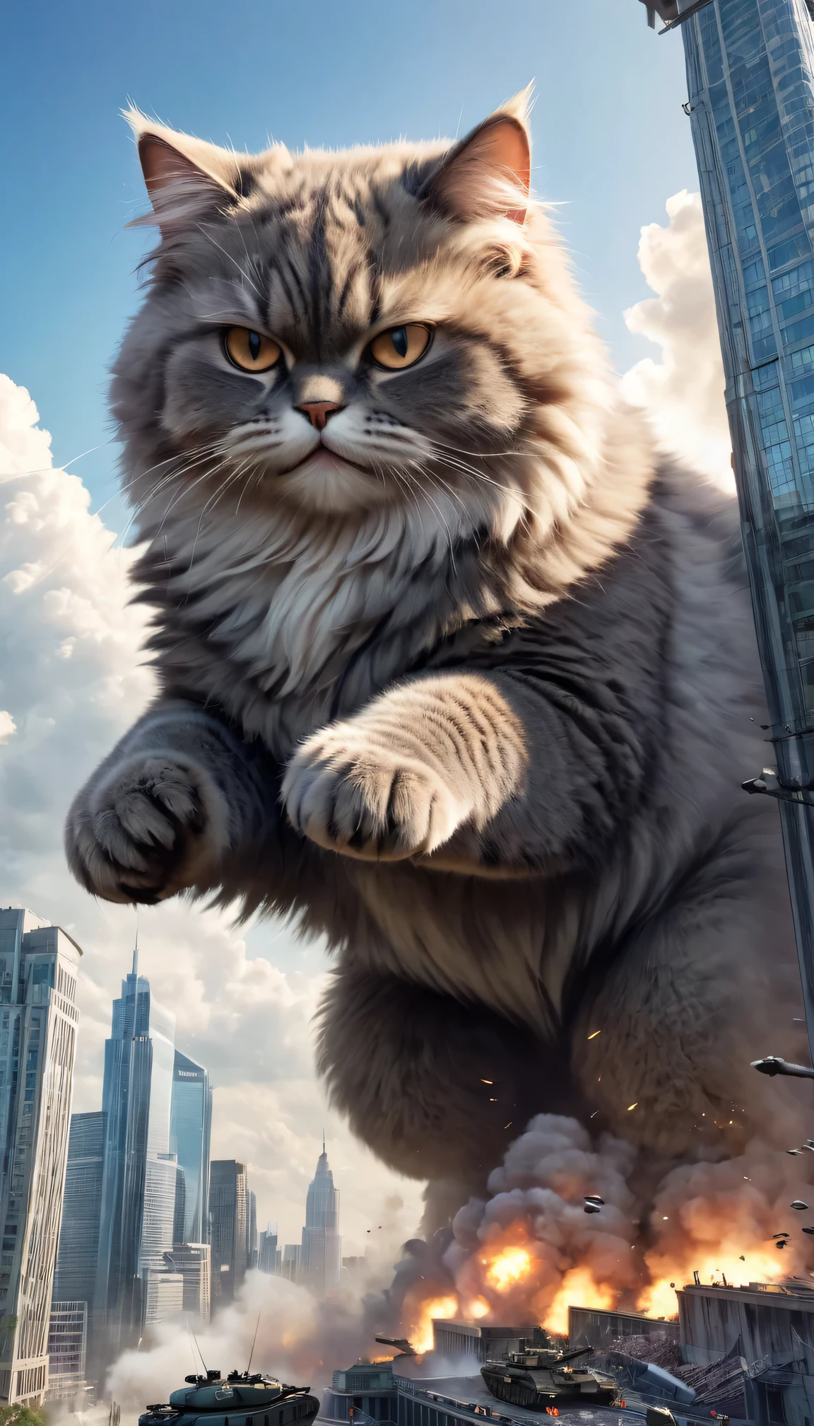 Cute giant fluffy cat destroys big city, tank, Jets, military, skyscraper, Kick down a building