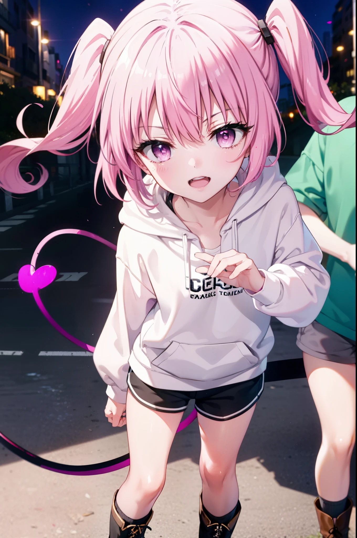  devil,  That deviluke, One Girl,teeth, Long Hair, (Pink Eyes:1.5), Pink Hair, tail, Twin tails, (Flat Chest:1.2),tail,happy smile, smile, Open your mouth,
break demon tail,  Oversized hoodie,Shorts,Black knee socks,short boots,walking,whole bodyがイラストに入るように,
break outdoors, city,construction area,
break looking at viewer, whole body,
break (masterpiece:1.2), highest quality, High resolution, unity 8k wallpaper, (shape:0.8), (beautiful detailed eyes:1.6), extremely detailed face, Perfect lighting, extremely detailed CG, (Perfect hands, Perfect Anatomy),