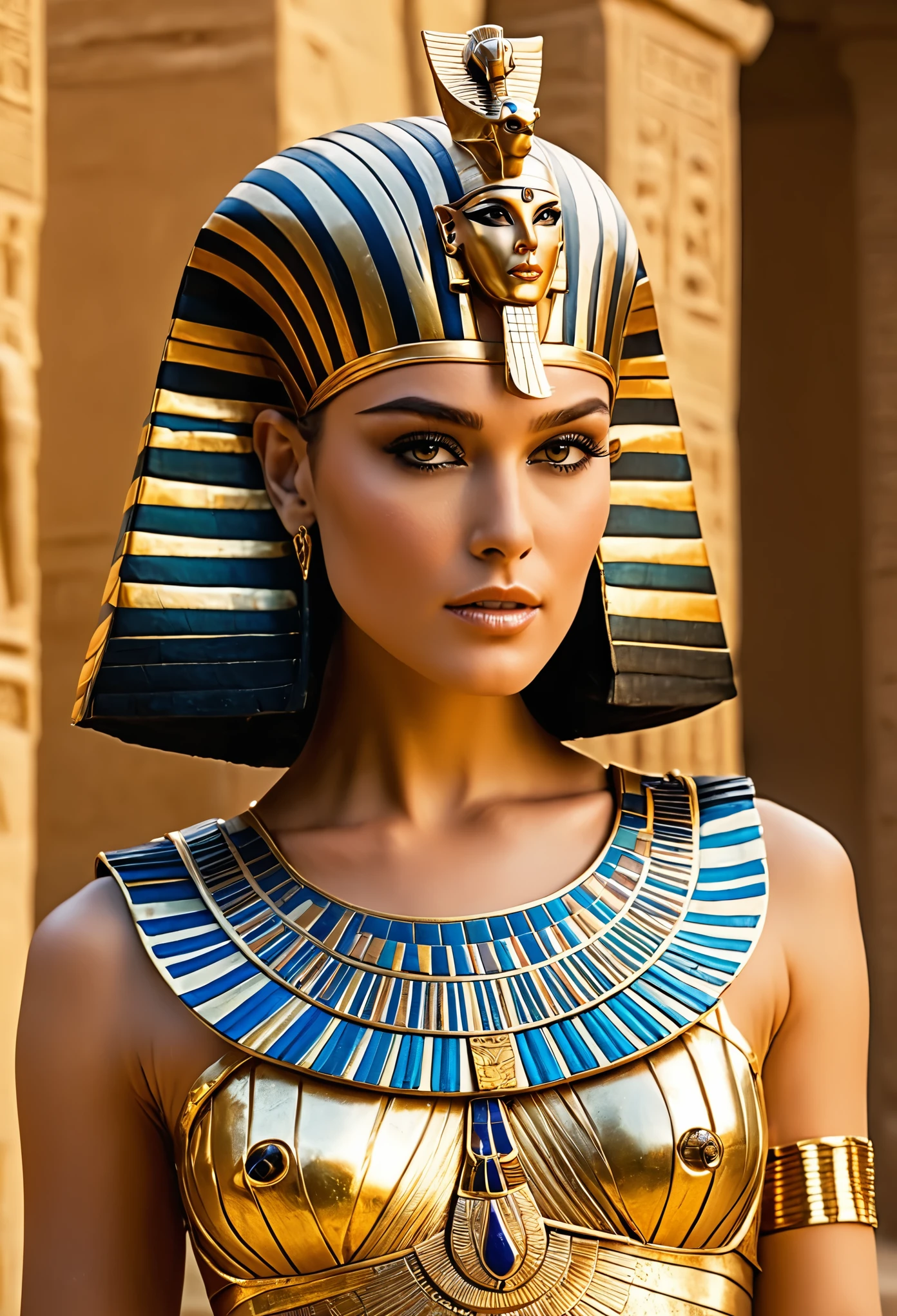 Cinematic portrait, professional cinematography, looks like Keira Knightley, a close up of a pharaoh woman in a gold outfit with an egyptian mask, beautiful cleopatra, insane details, egyptian princess, cinematic goddess close shot, cleopatra, extremely beautiful lady, cinematic goddess body shot, cleopatra portrait, goddess, stunning beauty, extremely high detail, egyptian, cleopatra in her palace, cinematic goddess shot, egyptian style, extremely detailed goddess shot, beautiful Egyptian goddess, gorgeous and beautiful pharaoh, portrait of cleopatra, uhd, 8k, 32k, sharp, intricate, highly detailed, detailed Beauty,hdr, cinematic vision, flawless picture, ancient Egypt environment in background